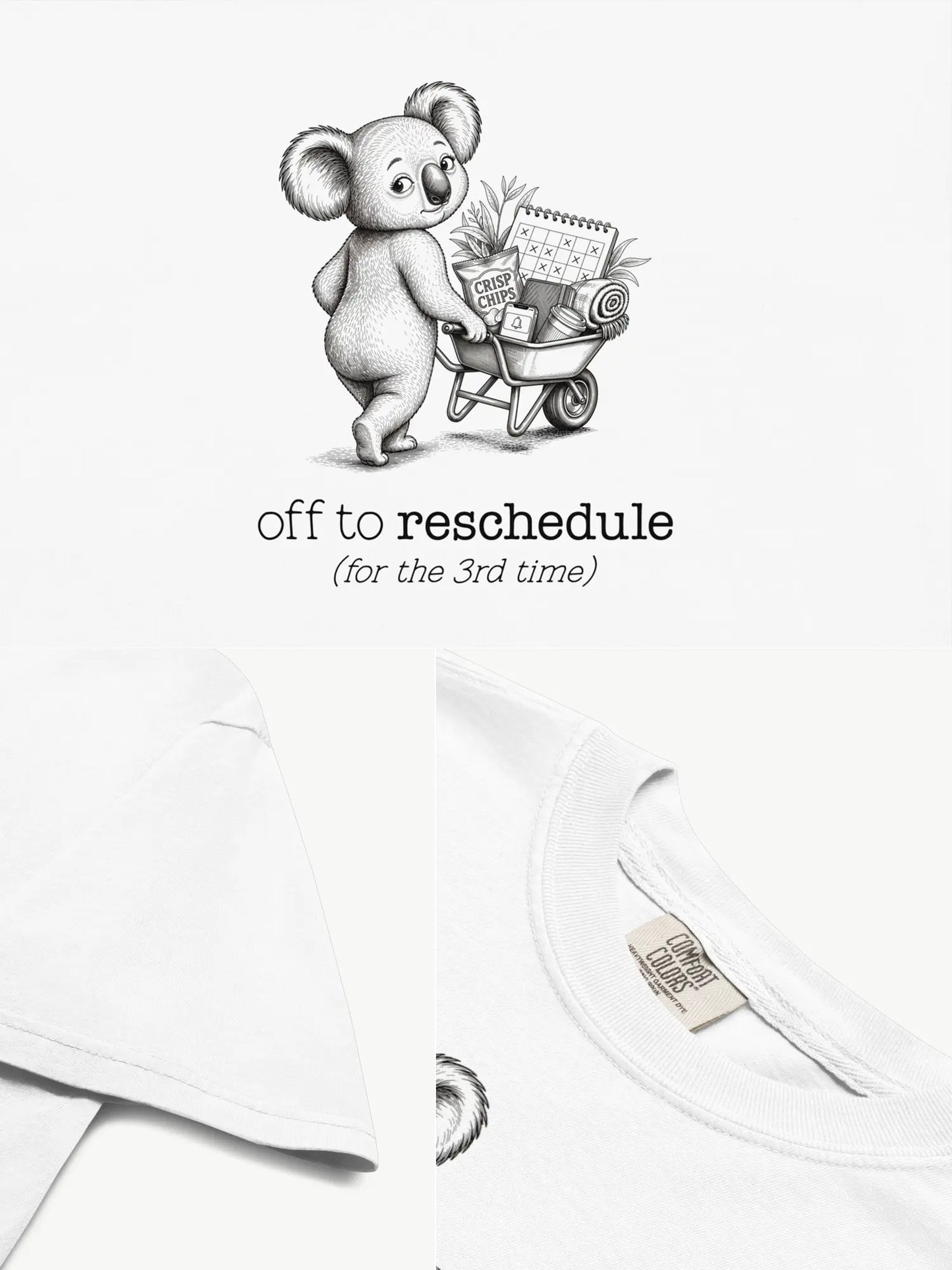 Close-up details of the Off to Reschedule koala t-shirt in white showing print texture, folded view, and collar