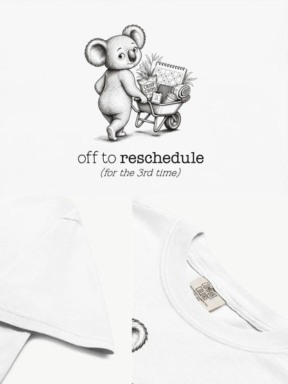 Close-up details of the Off to Reschedule koala t-shirt in white showing print texture, folded view, and collar
