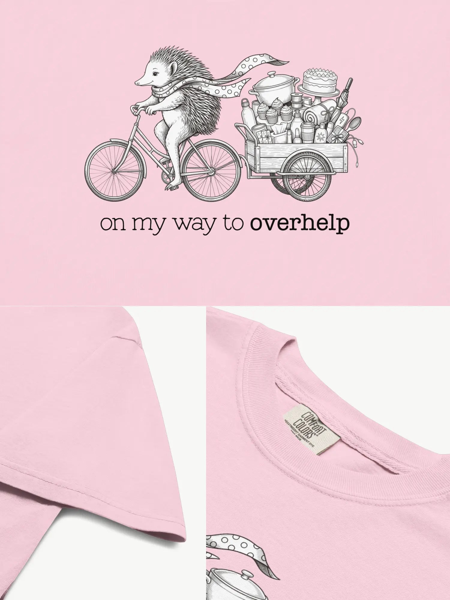Close-up details of the Over-helping Echidna Tee in blossom showing print texture, folded view, and collar