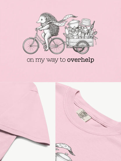 Close-up details of the Over-helping Echidna Tee in blossom showing print texture, folded view, and collar