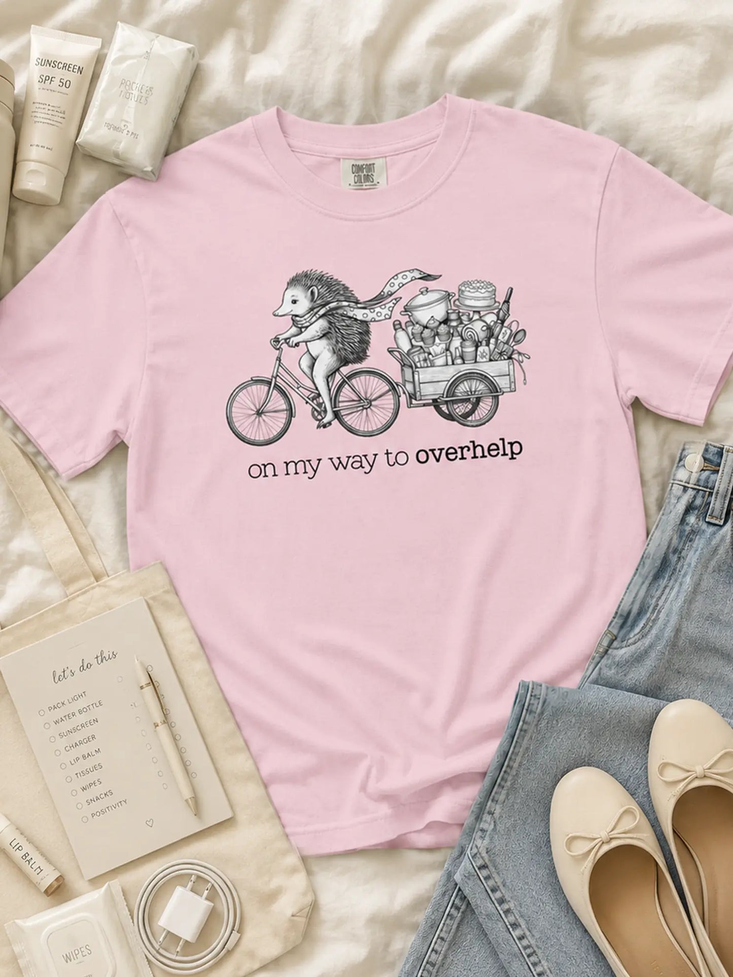 Over-helping Echidna Tee in blossom styled flat lay