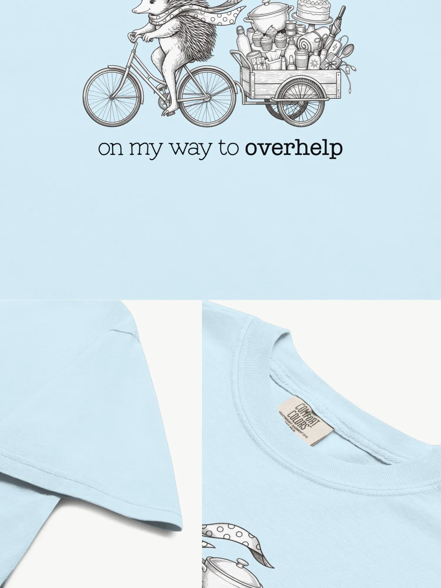 Close-up details of the Over-helping Echidna Tee in chambray showing print texture, folded view, and collar
