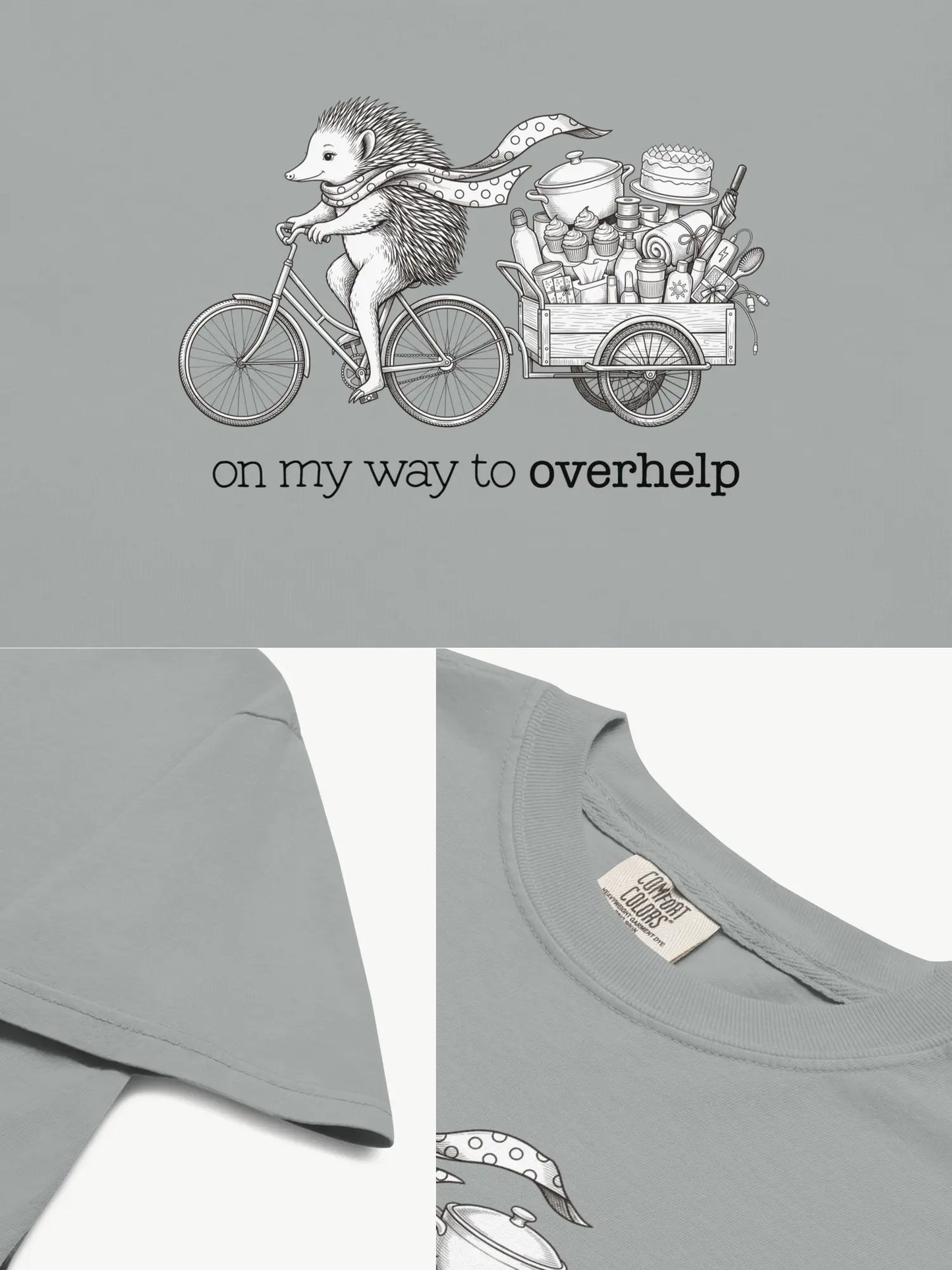 Close-up details of the Over-helping Echidna Tee in granite showing print texture, folded view, and collar