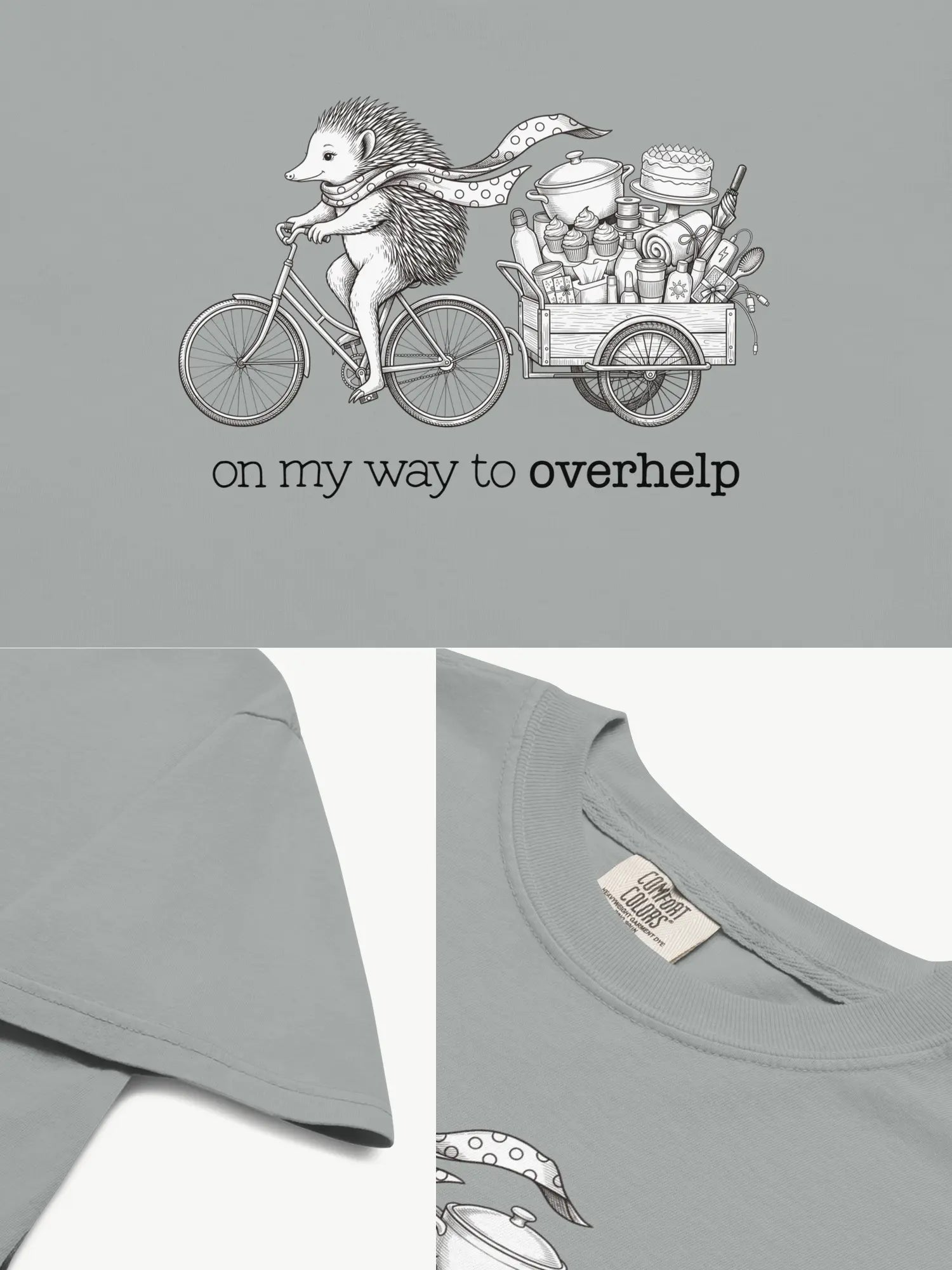 Close-up details of the Over-helping Echidna Tee in granite showing print texture, folded view, and collar