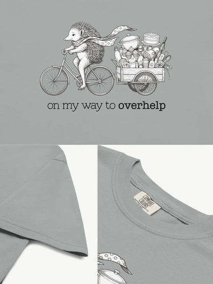 Close-up details of the Over-helping Echidna Tee in granite showing print texture, folded view, and collar