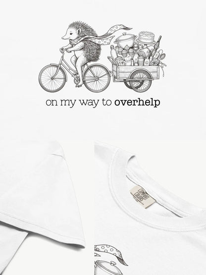 Close-up details of the Over-helping Echidna Tee in white showing print texture, folded view, and collar