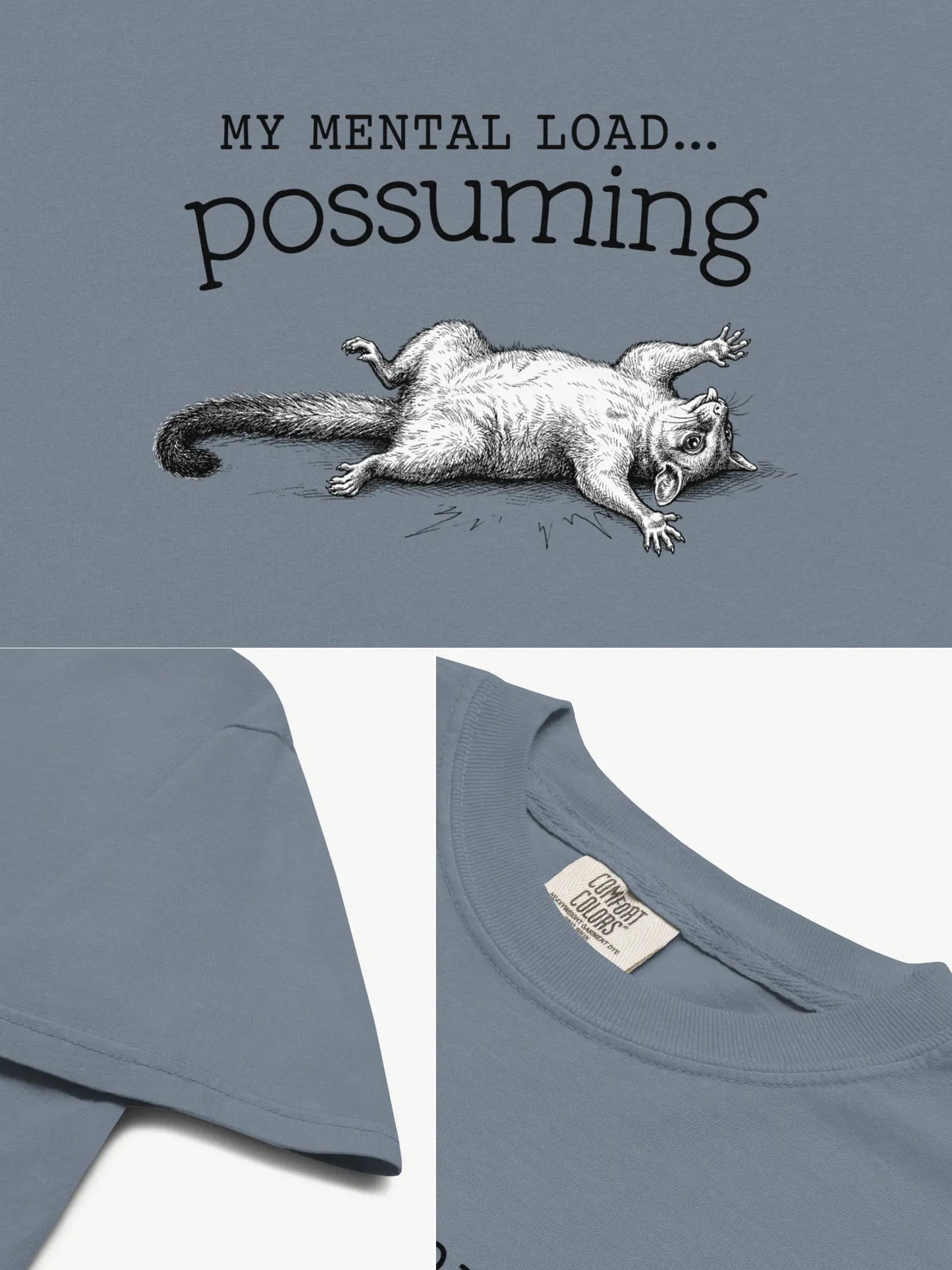 Close-up details of the Faffle & Co Possuming Tee in blue jean