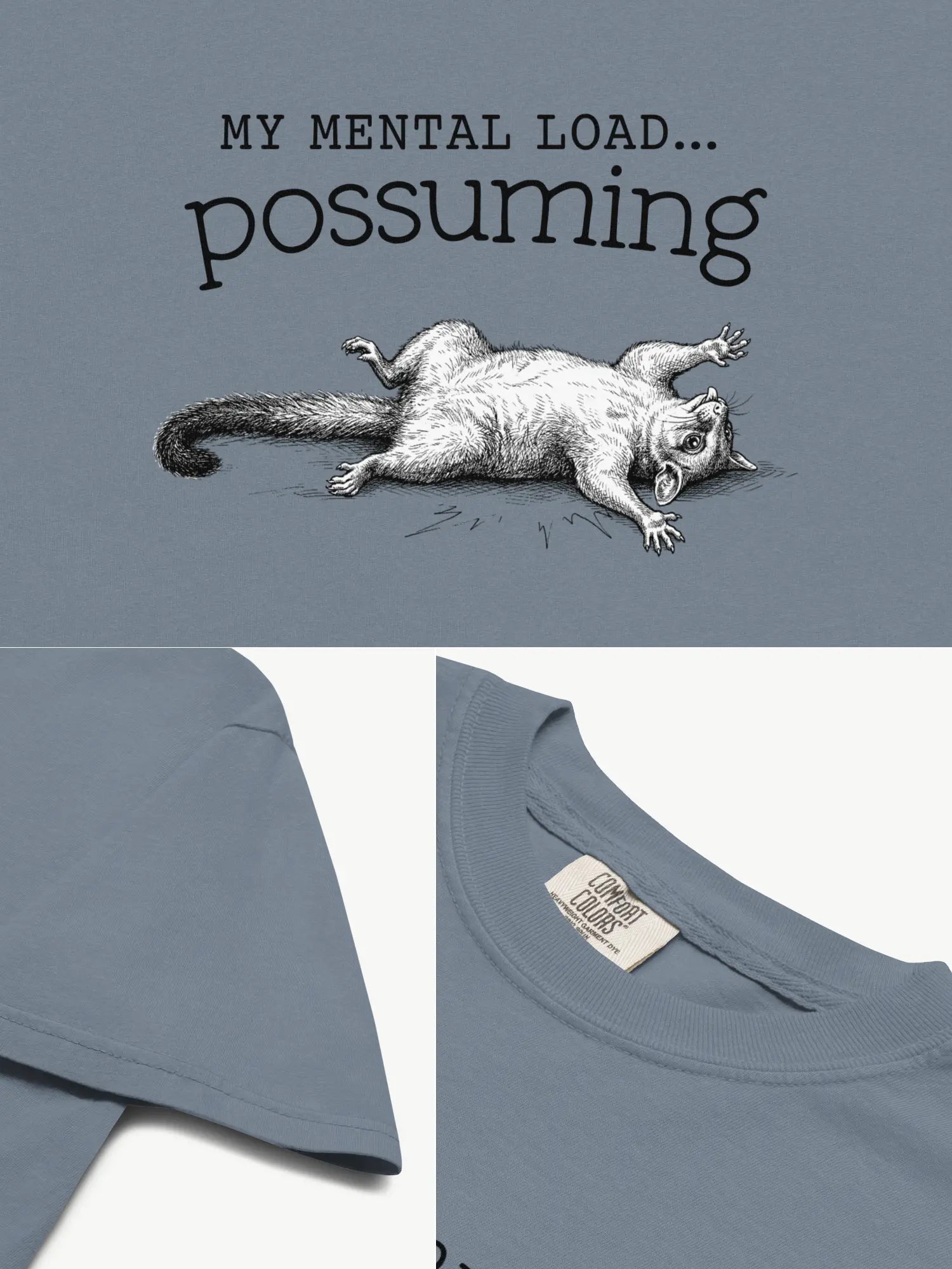 Close-up details of the Faffle & Co Possuming Tee in blue jean