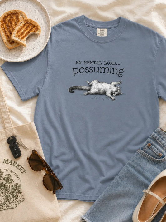 Faffle & Co Possuming Tee in blue jean styled flat lay
