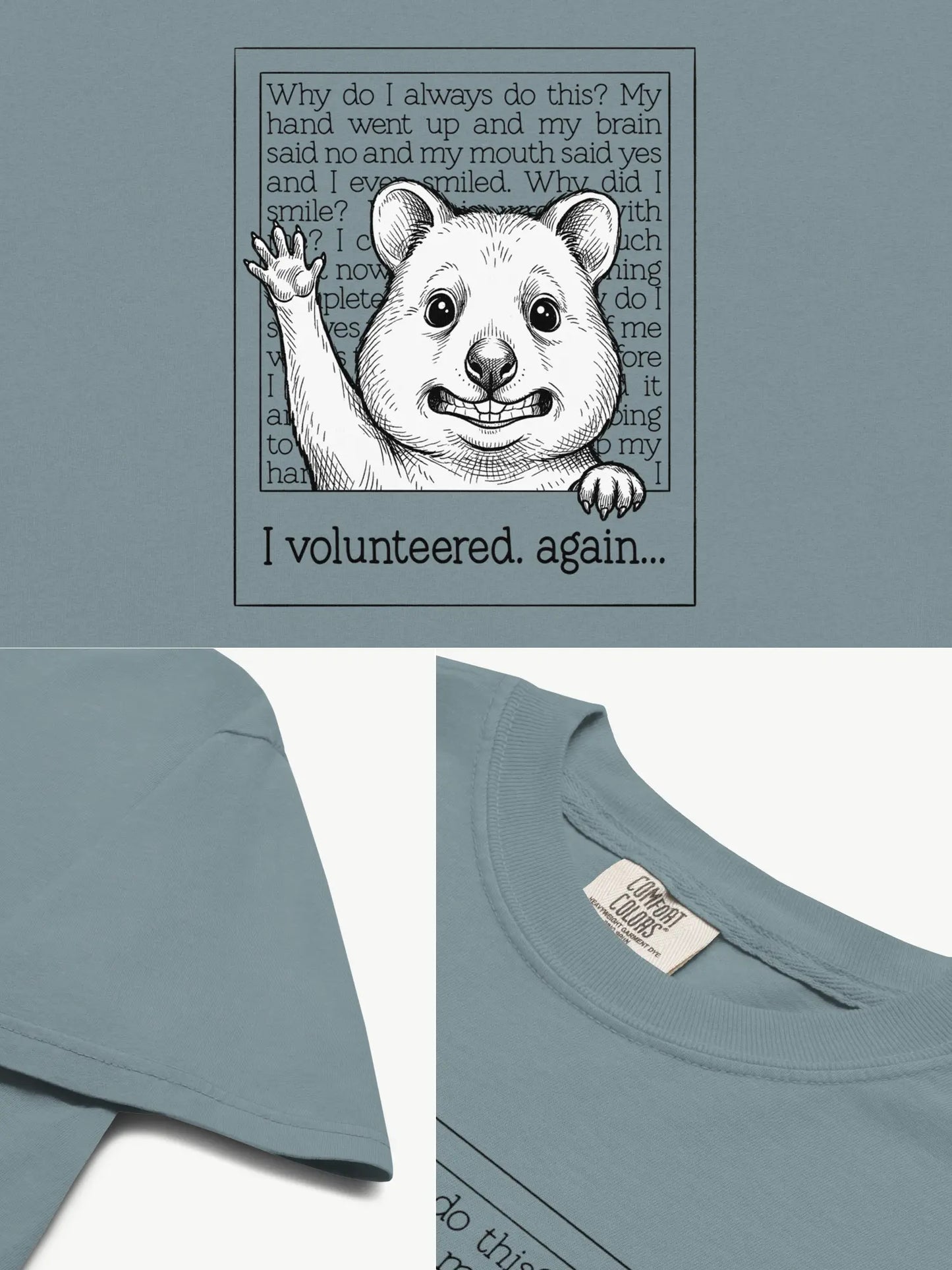 Close-up details of the Faffle & Co Quokka Volunteer Tee in ice blue