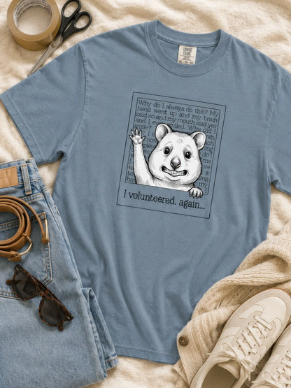 Faffle & Co Quokka Volunteer Tee in ice blue styled flat lay