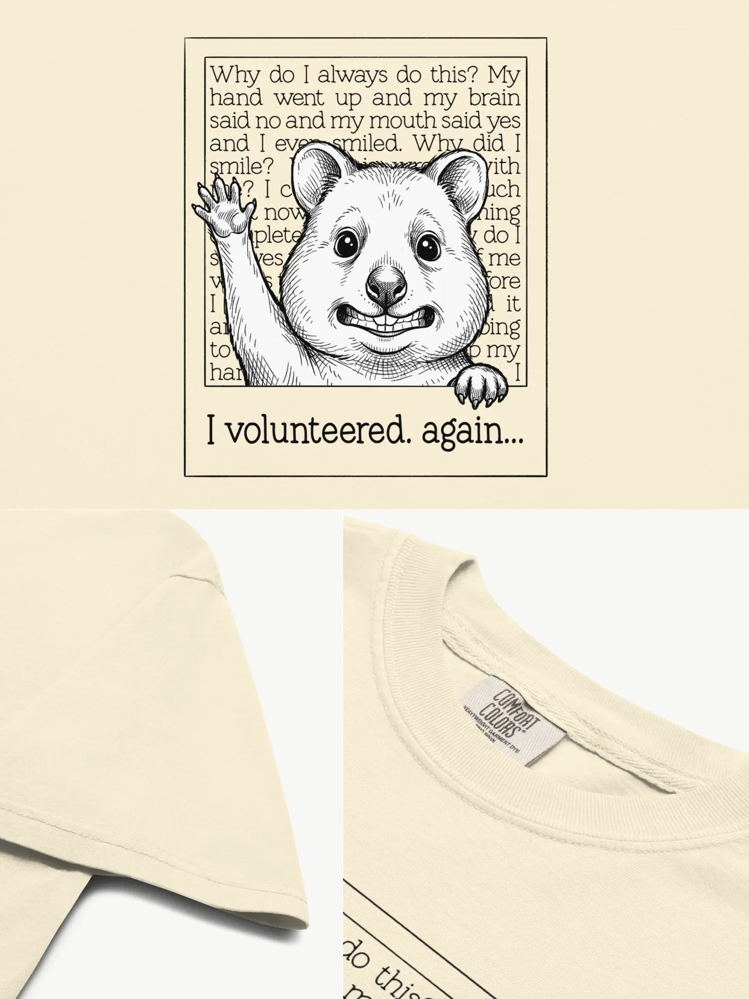 Close-up details of the Faffle & Co Quokka Volunteer Tee in ivory