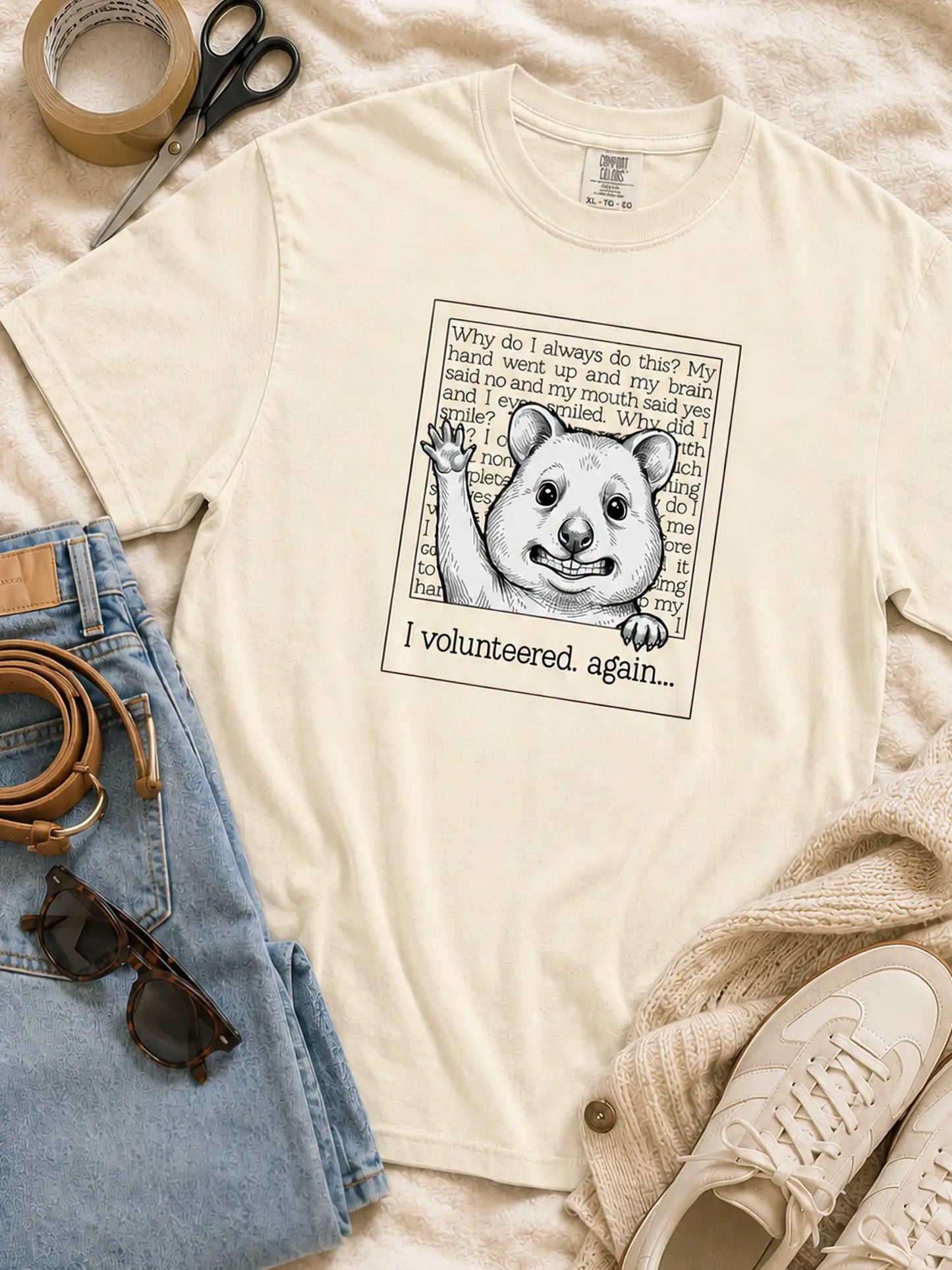 Faffle & Co Quokka Volunteer Tee in ivory styled flat lay