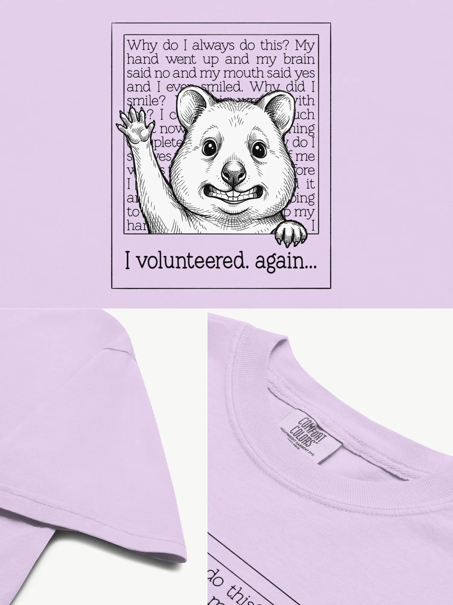 Close-up details of the Faffle & Co Quokka Volunteer Tee in orchid
