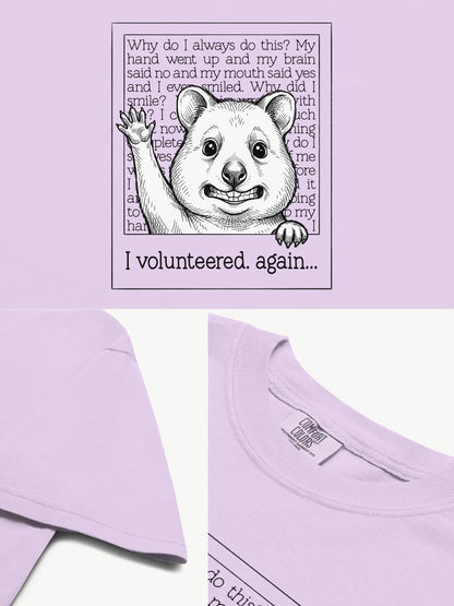 Close-up details of the Faffle & Co Quokka Volunteer Tee in orchid
