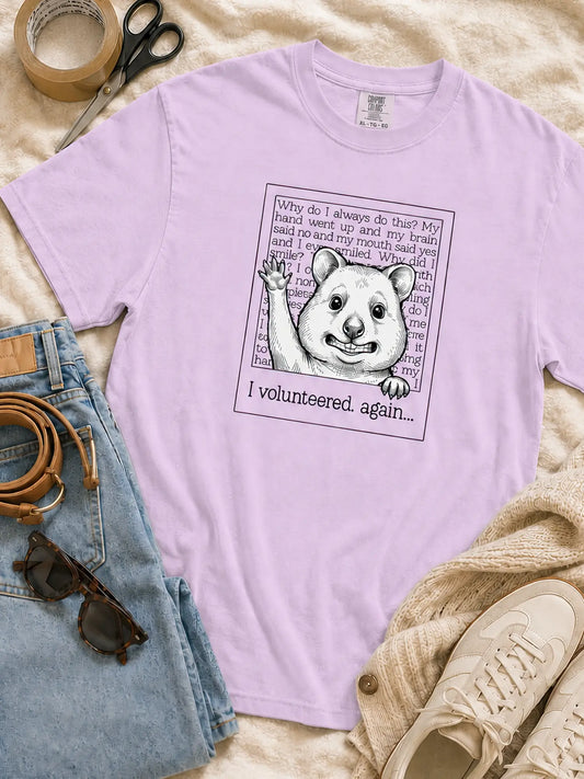 Faffle & Co Quokka Volunteer Tee in orchid styled flat lay
