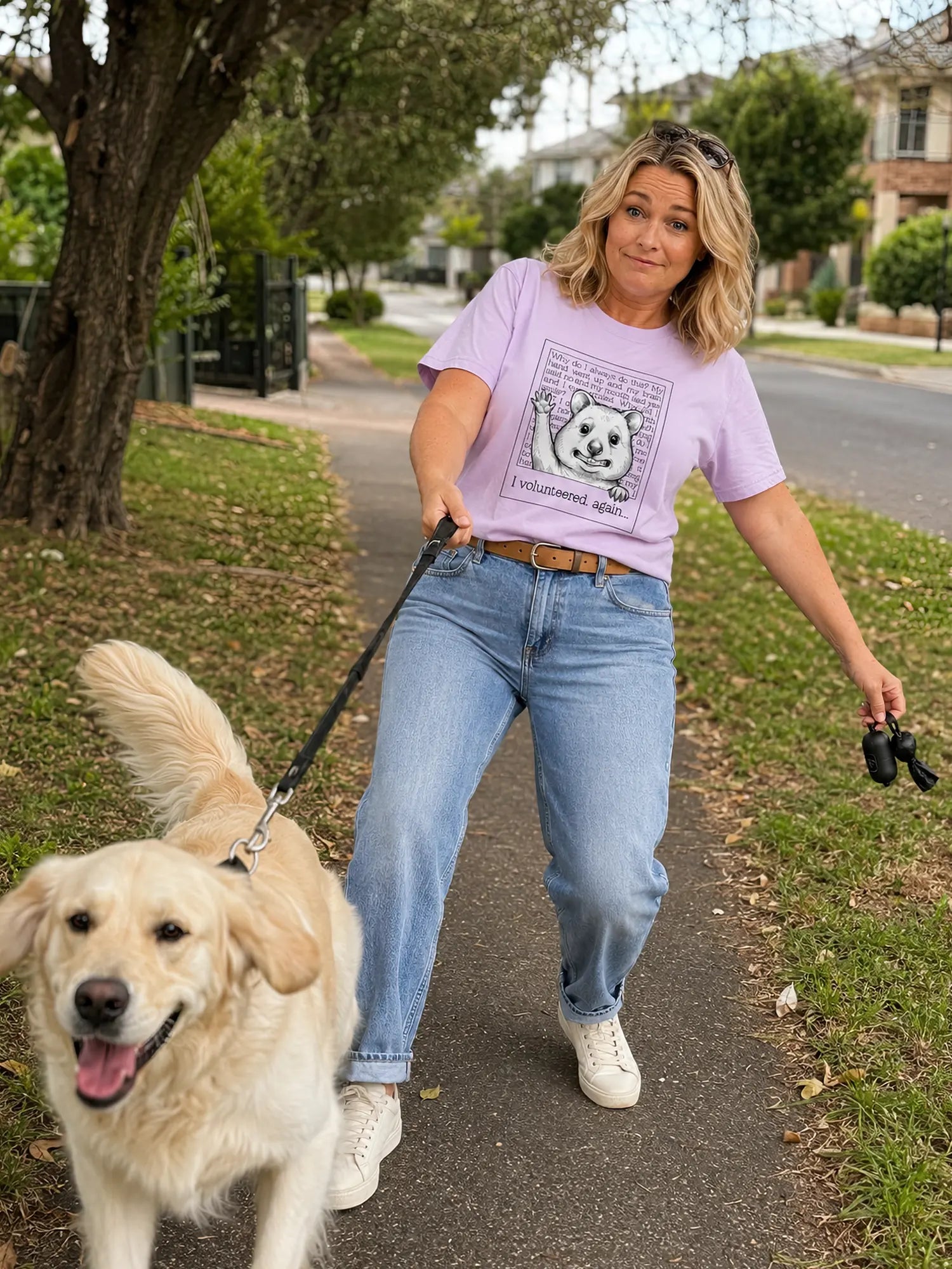 Person wearing the Faffle & Co Quokka Volunteer Tee in orchid