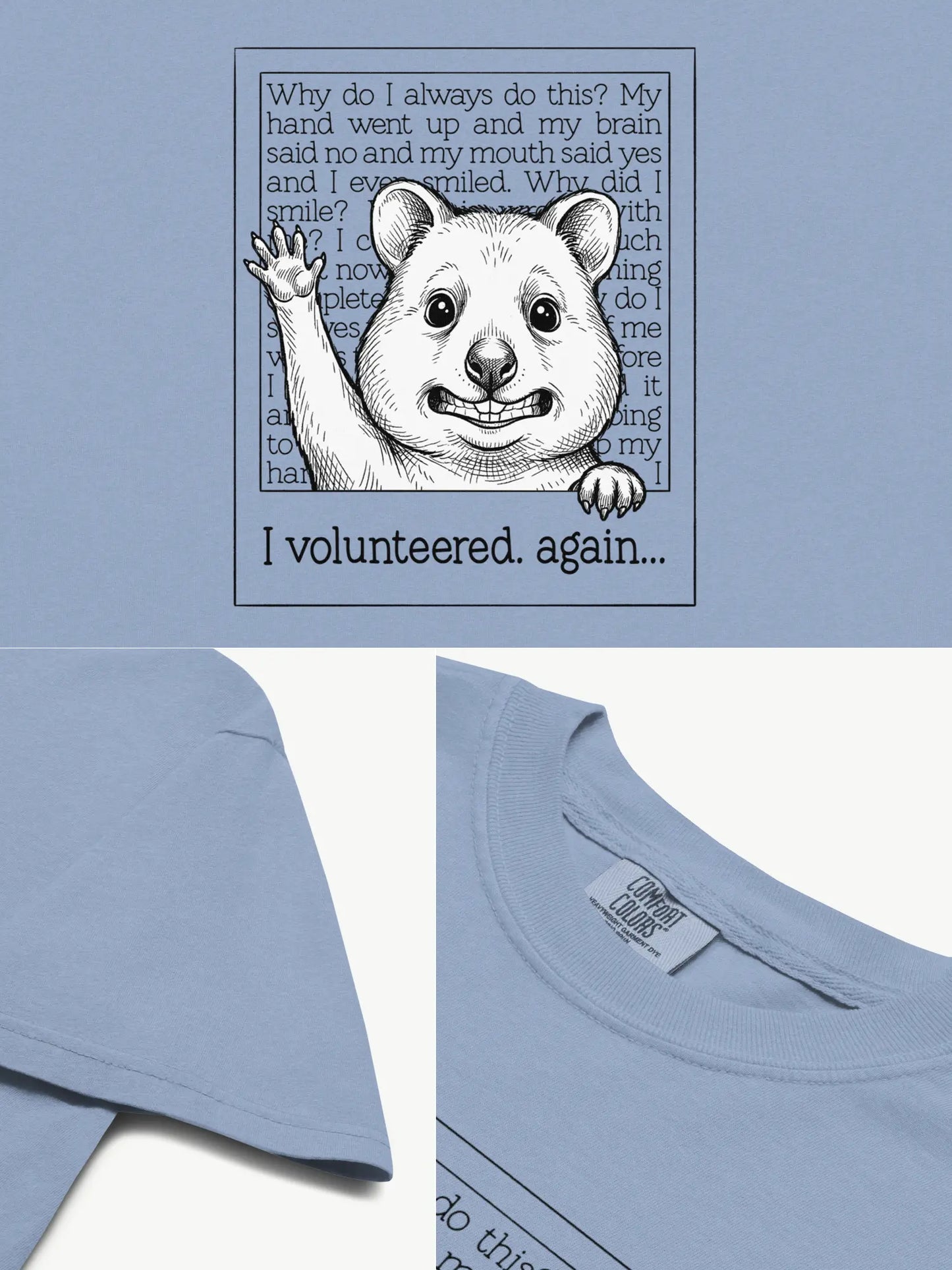Close-up details of the Faffle & Co Quokka Volunteer Tee in washed denim