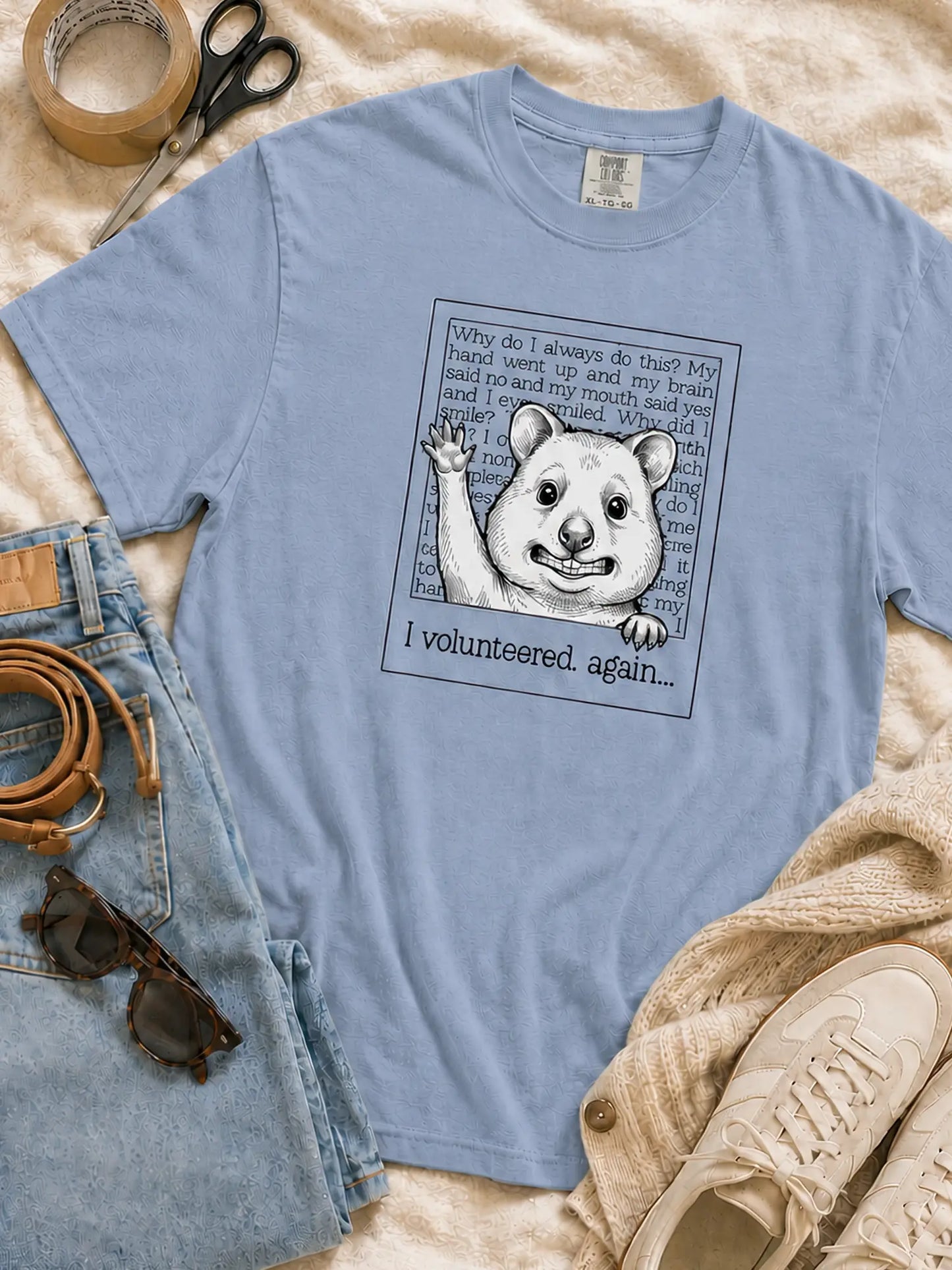 Faffle & Co Quokka Volunteer Tee in washed denim styled flat lay