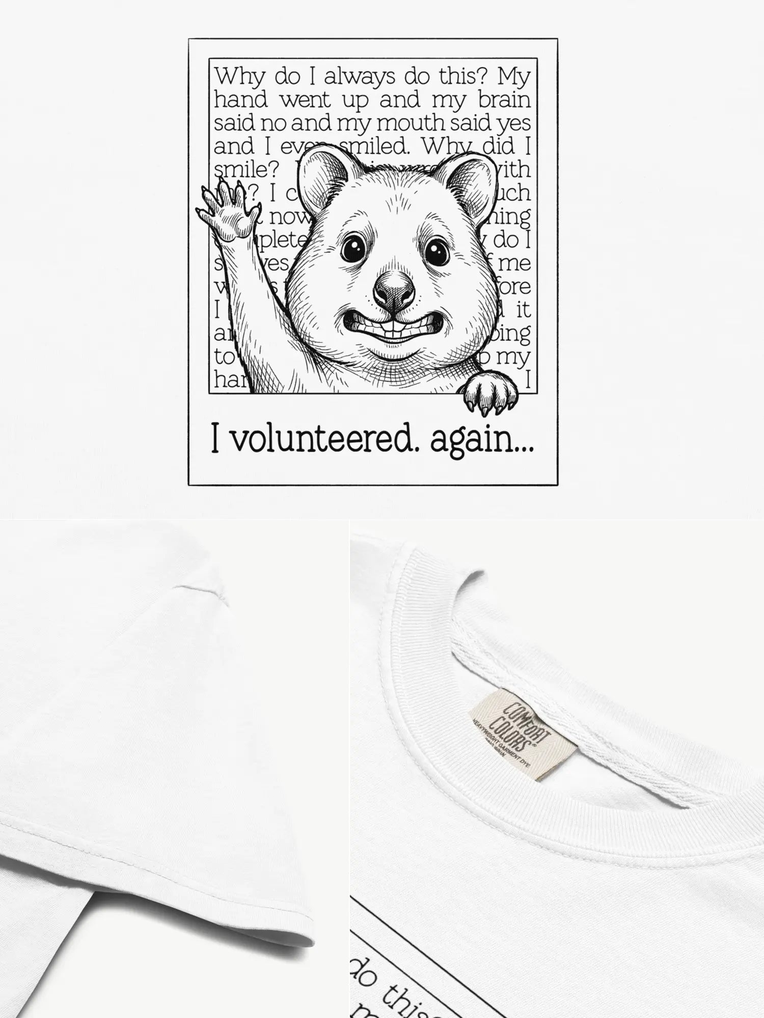 Close-up details of the Faffle & Co Quokka Volunteer Tee in white