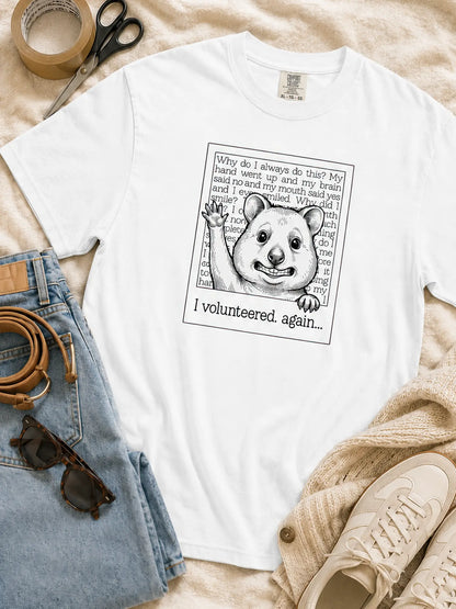 Faffle & Co Quokka Volunteer Tee in white styled flat lay