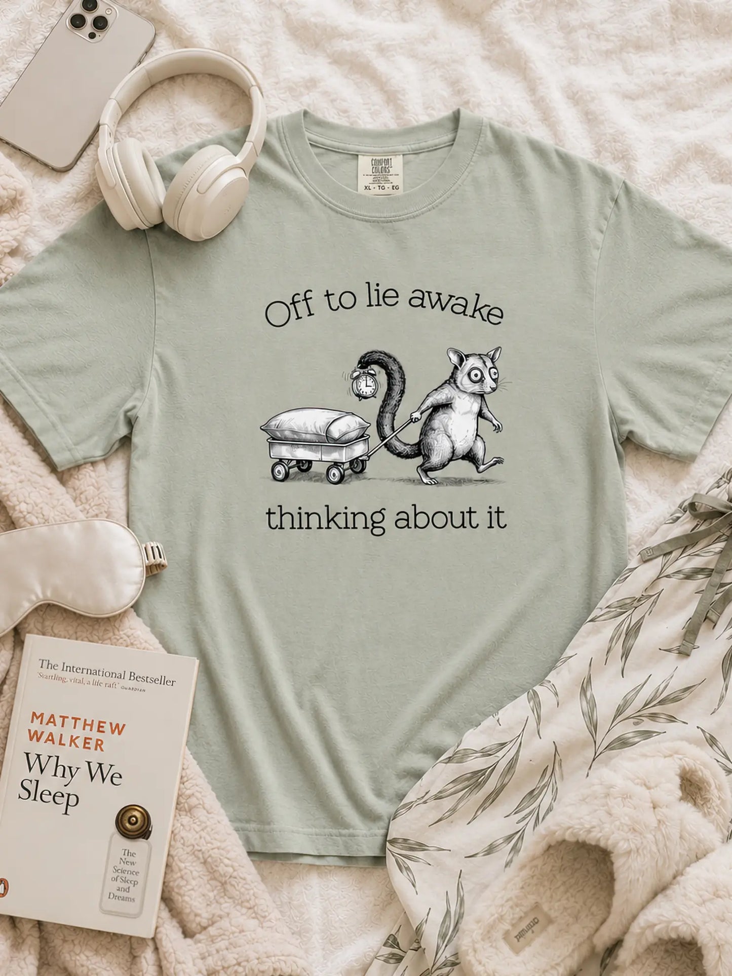 Faffle & Co Sleepless Possum Tee in bay styled flat lay
