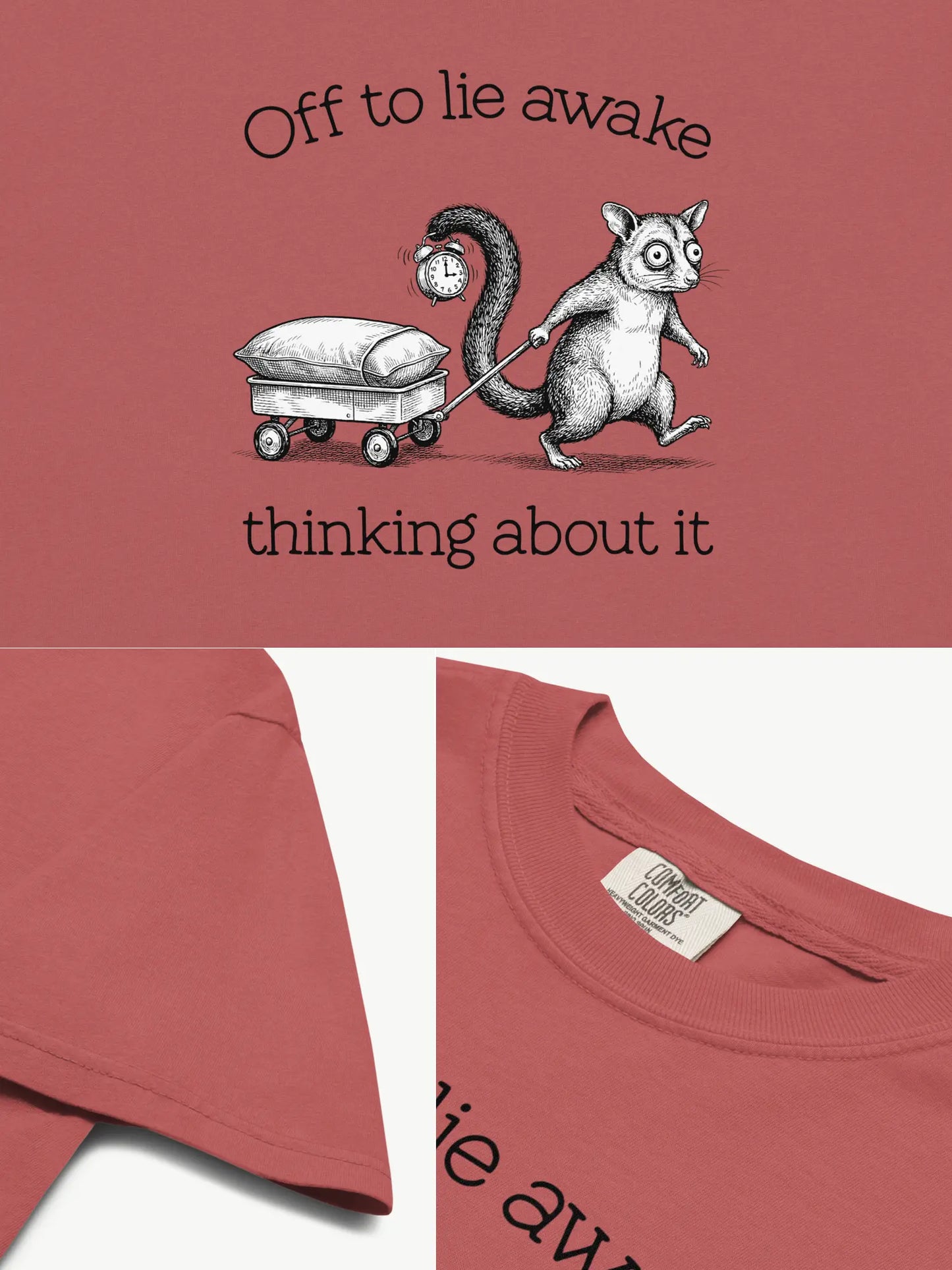 Close-up details of the Faffle & Co Sleepless Possum Tee in crimson
