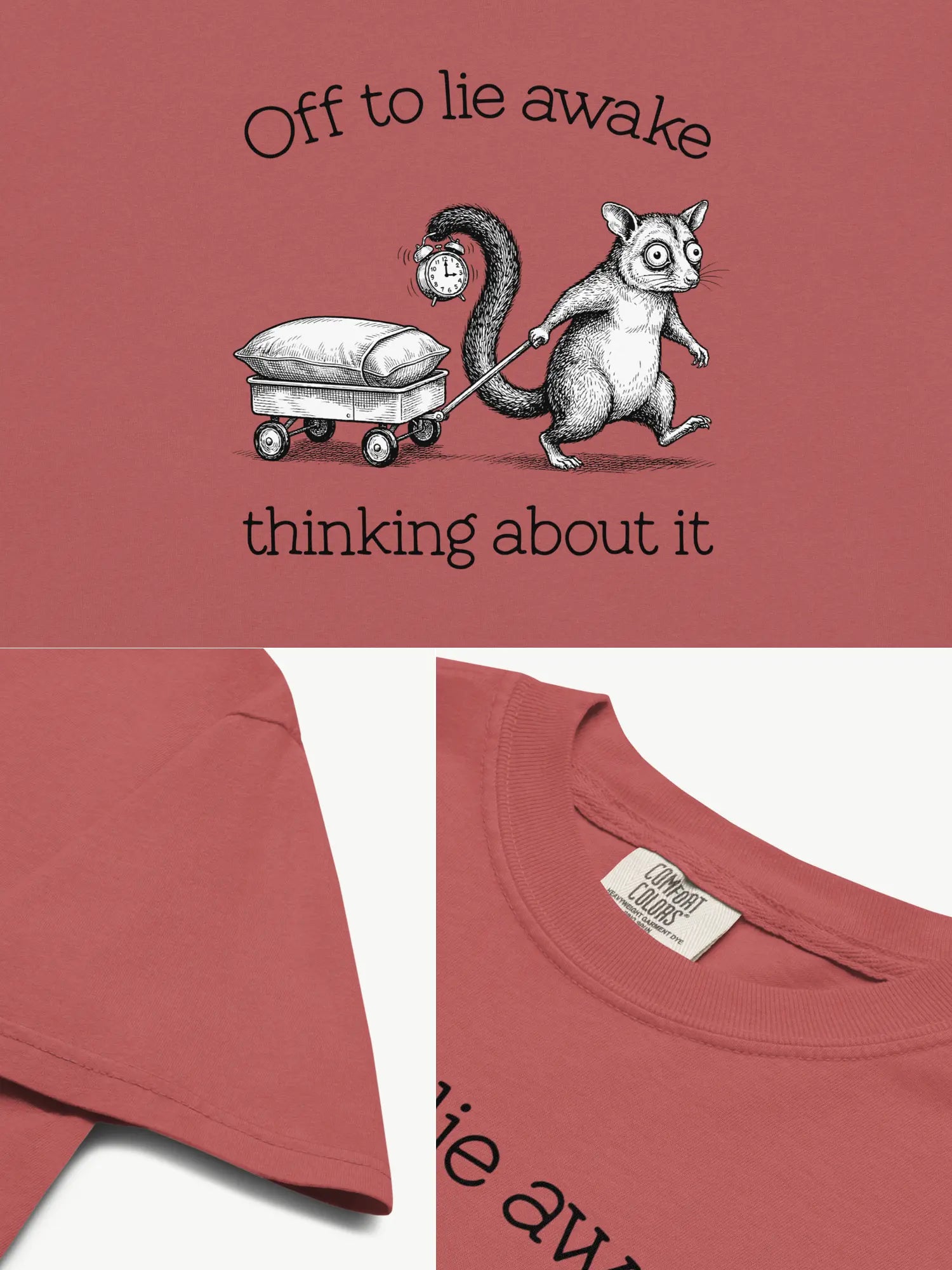 Close-up details of the Faffle & Co Sleepless Possum Tee in crimson