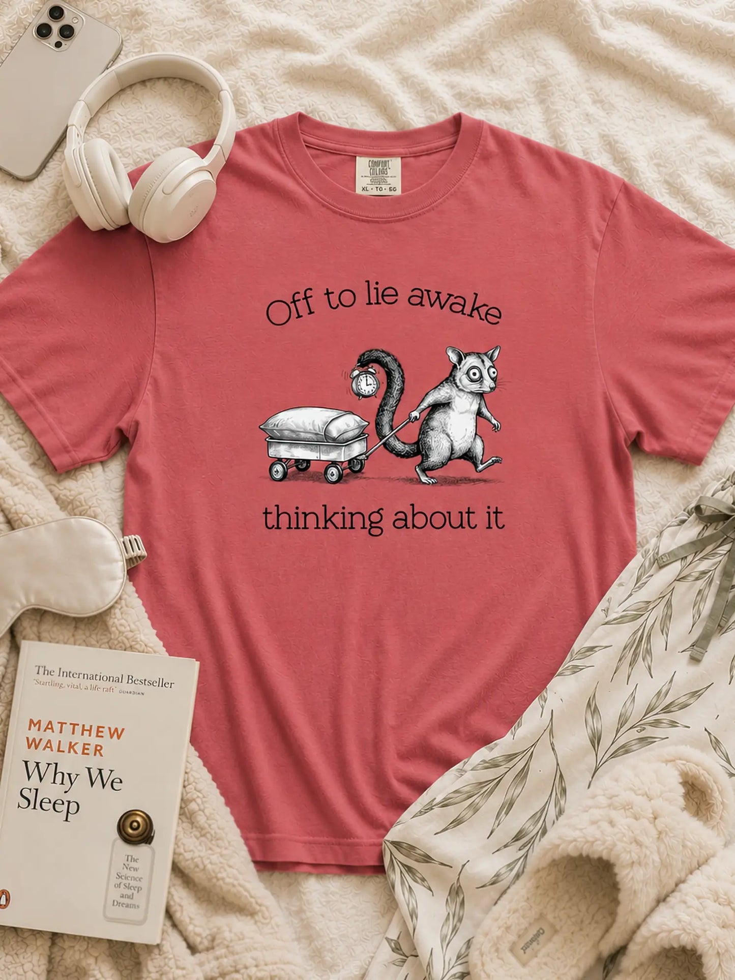 Faffle & Co Sleepless Possum Tee in crimson styled flat lay