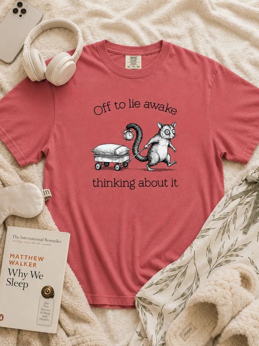 Faffle & Co Sleepless Possum Tee in crimson styled flat lay
