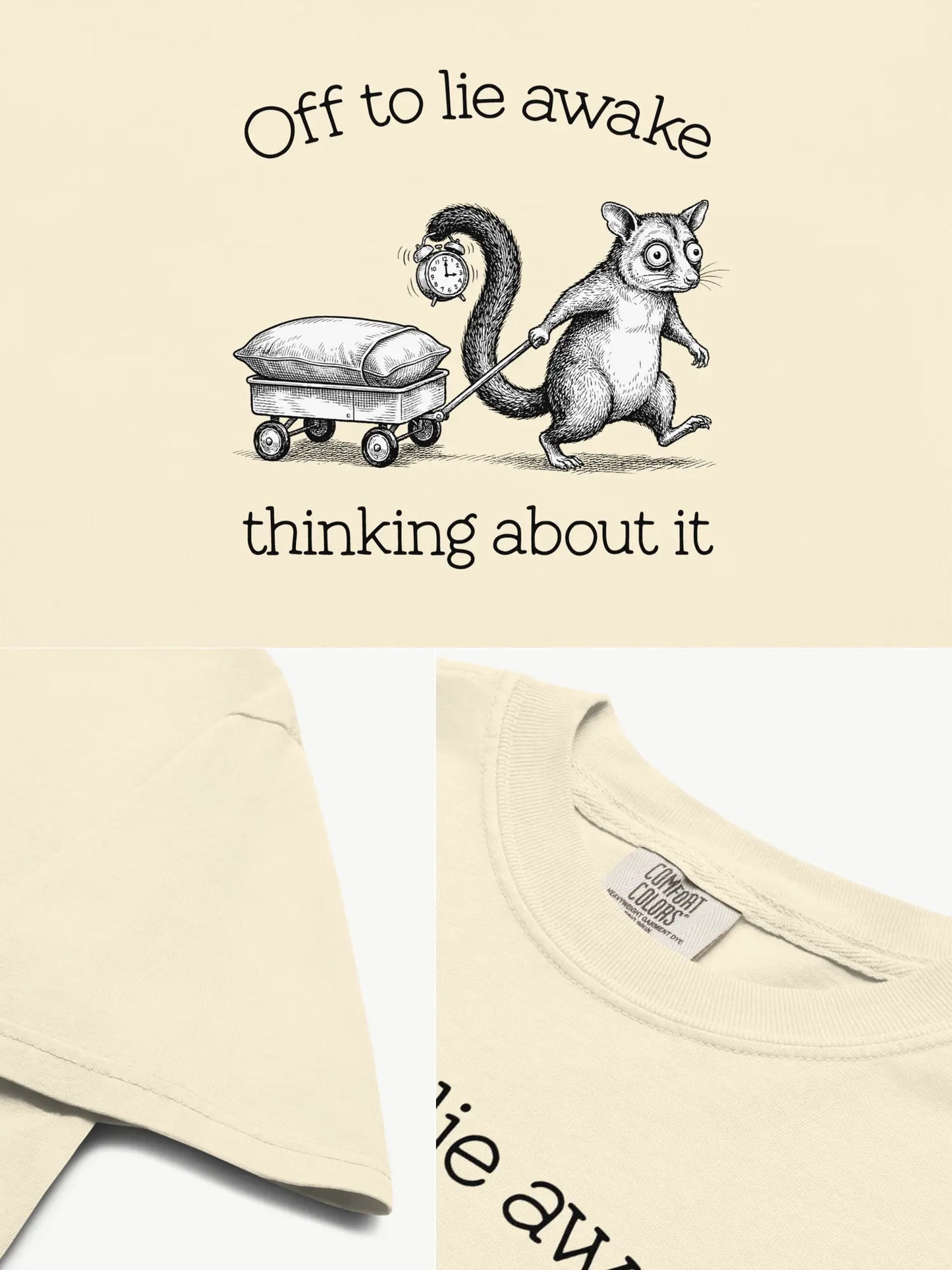 Close-up details of the Faffle & Co Sleepless Possum Tee in ivory