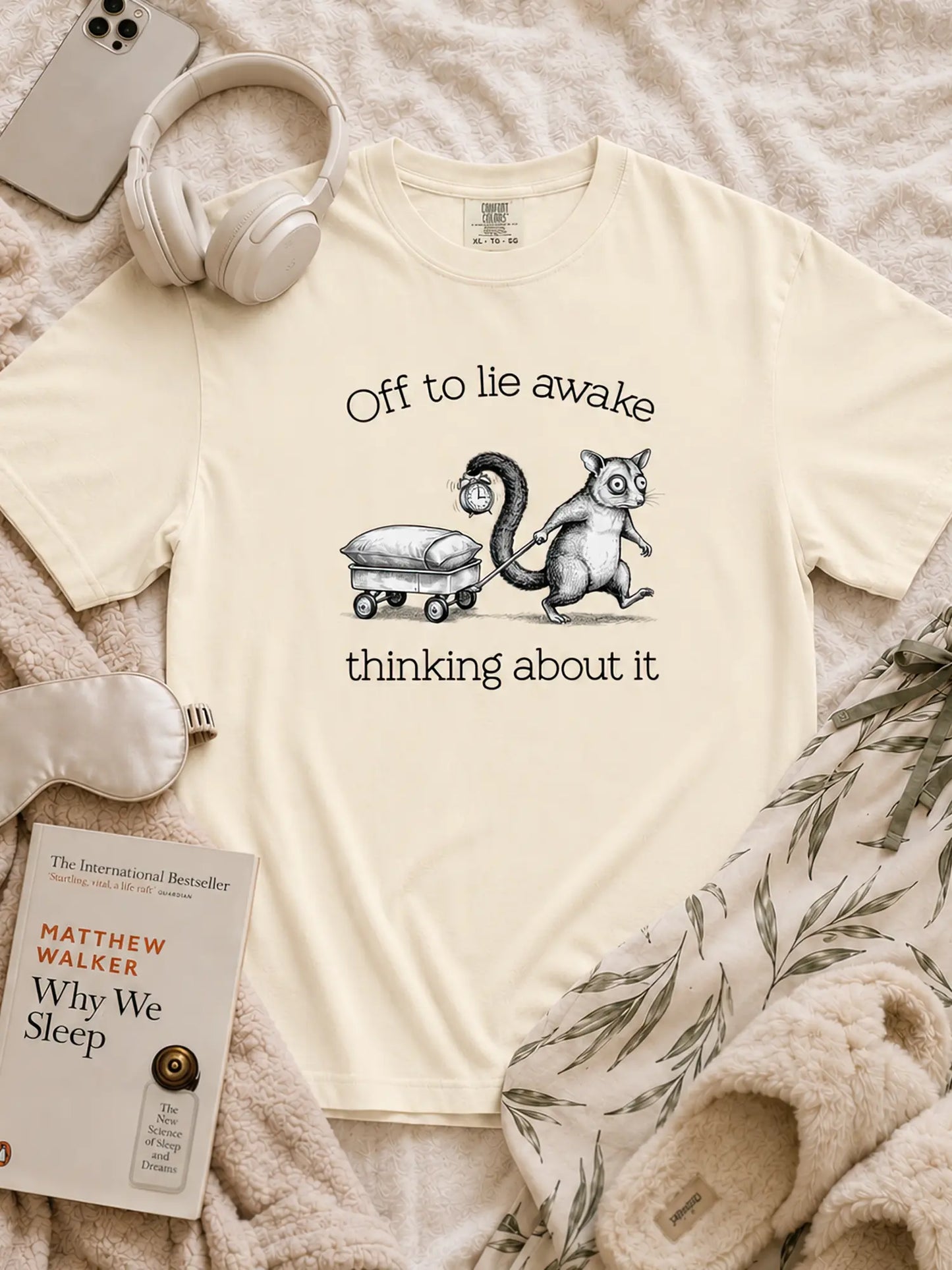 Faffle & Co Sleepless Possum Tee in ivory styled flat lay