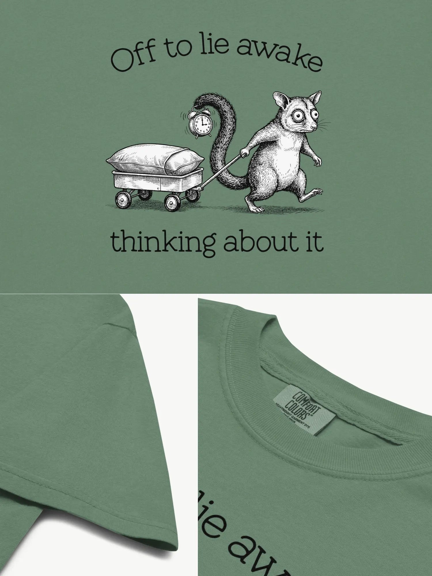 Close-up details of the Faffle & Co Sleepless Possum Tee in light green