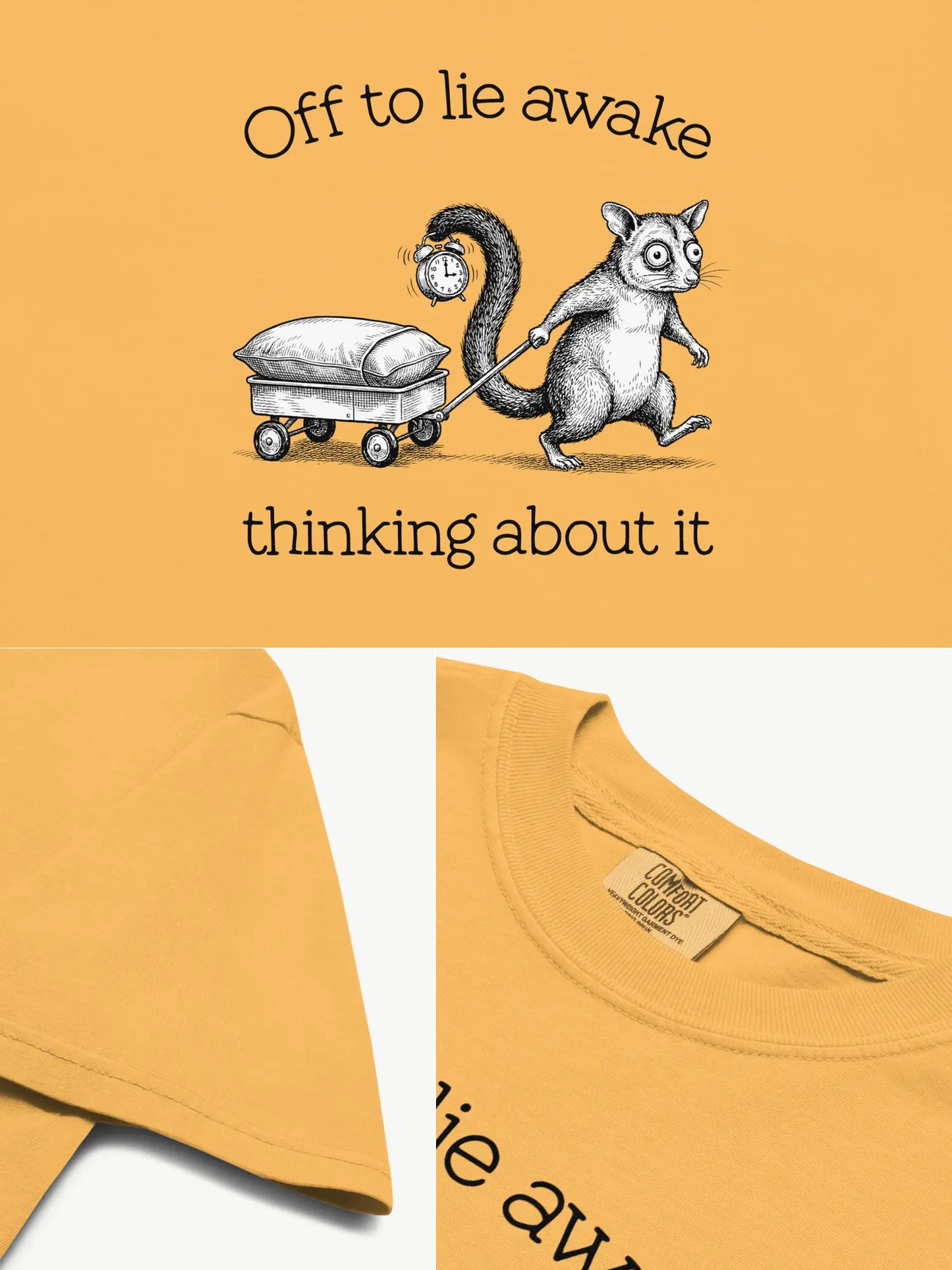 Close-up details of the Faffle & Co Sleepless Possum Tee in mustard