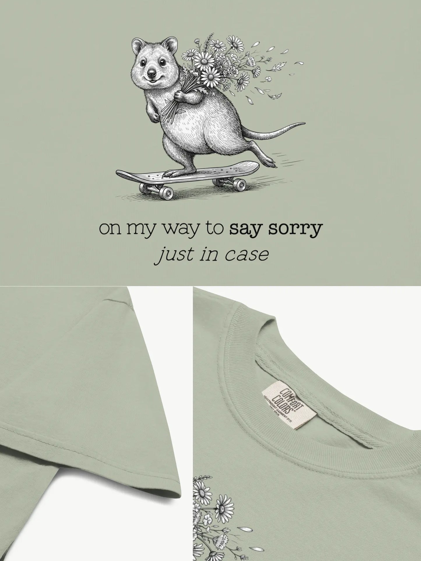 Close-up details of The Sorry Quokka t-shirt in bay showing print texture, folded view, and collar