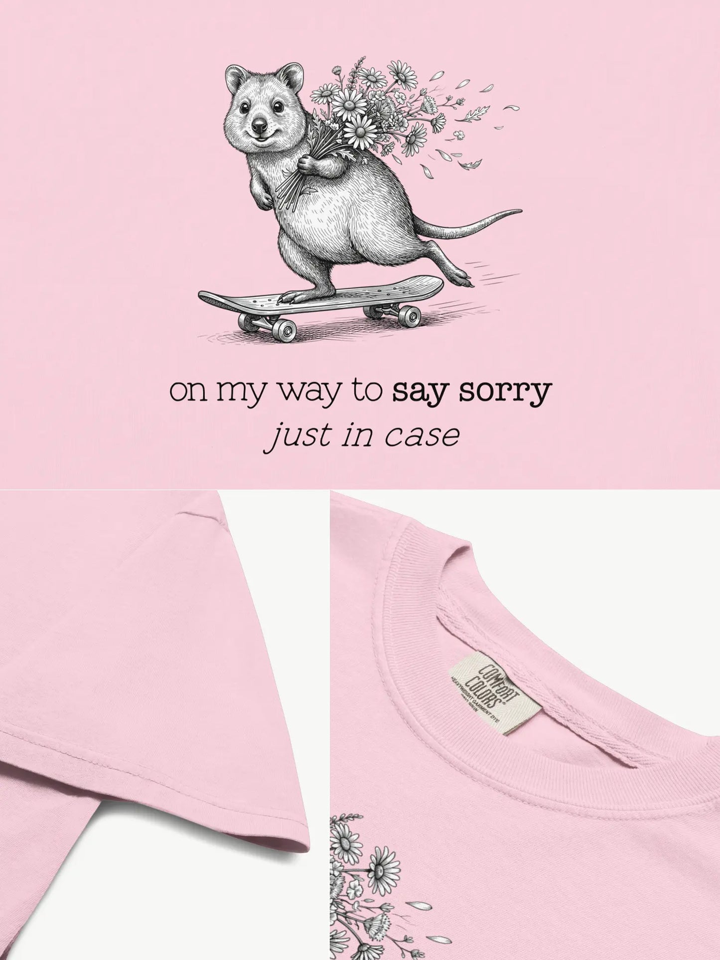 Close-up details of The Sorry Quokka t-shirt in blossom showing print texture, folded view, and collar