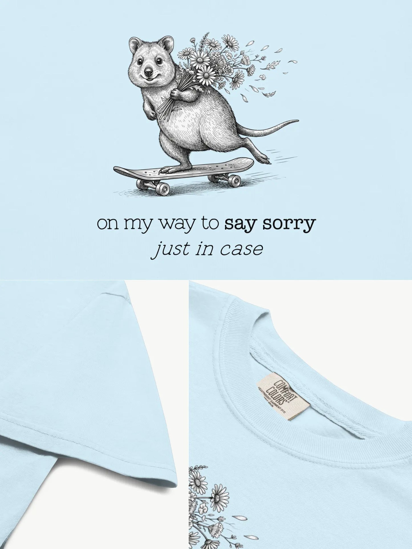 Close-up details of The Sorry Quokka t-shirt in chambray showing print texture, folded view, and collar