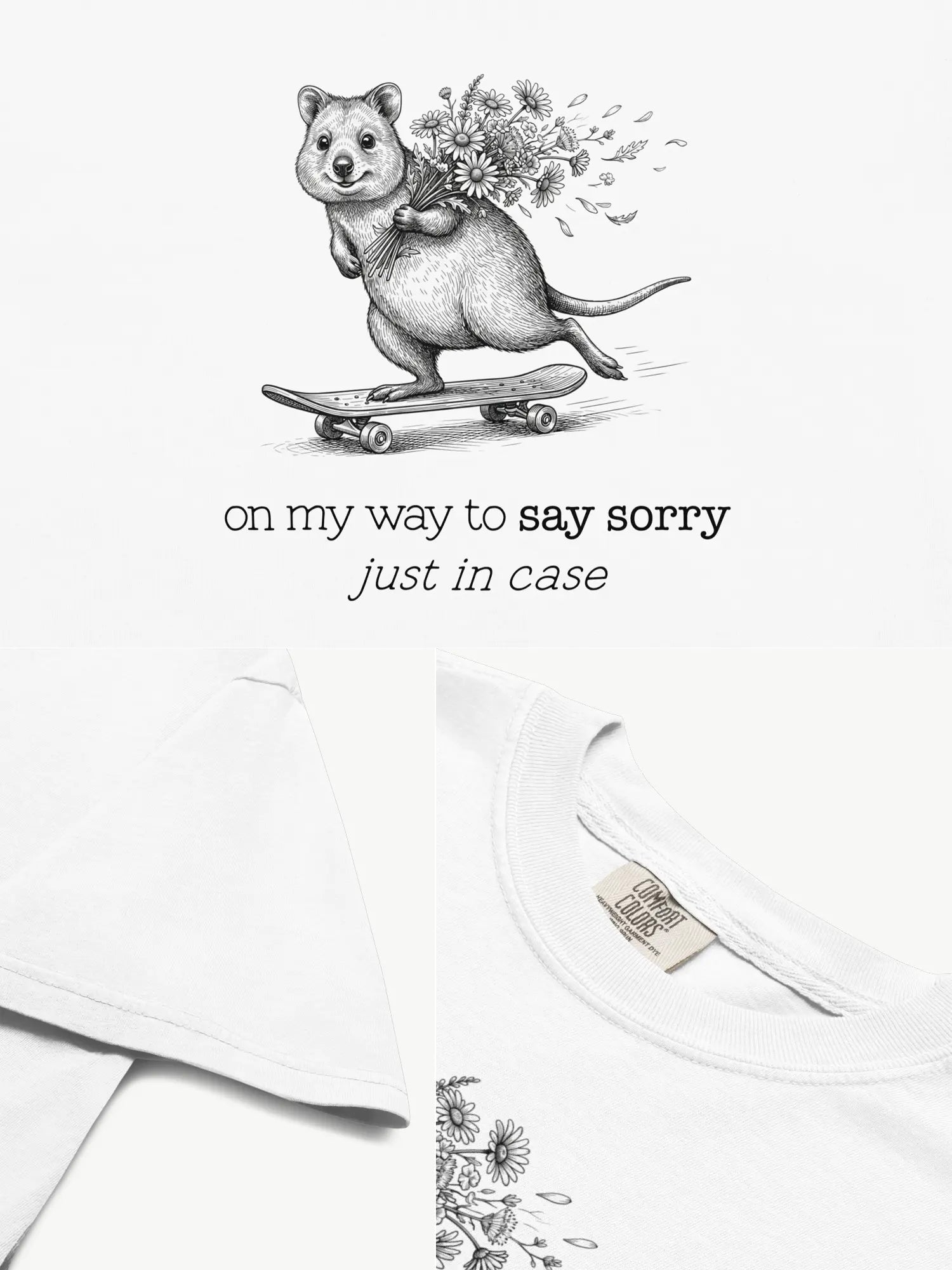 Close-up details of The Sorry Quokka t-shirt in white showing print texture, folded view, and collar