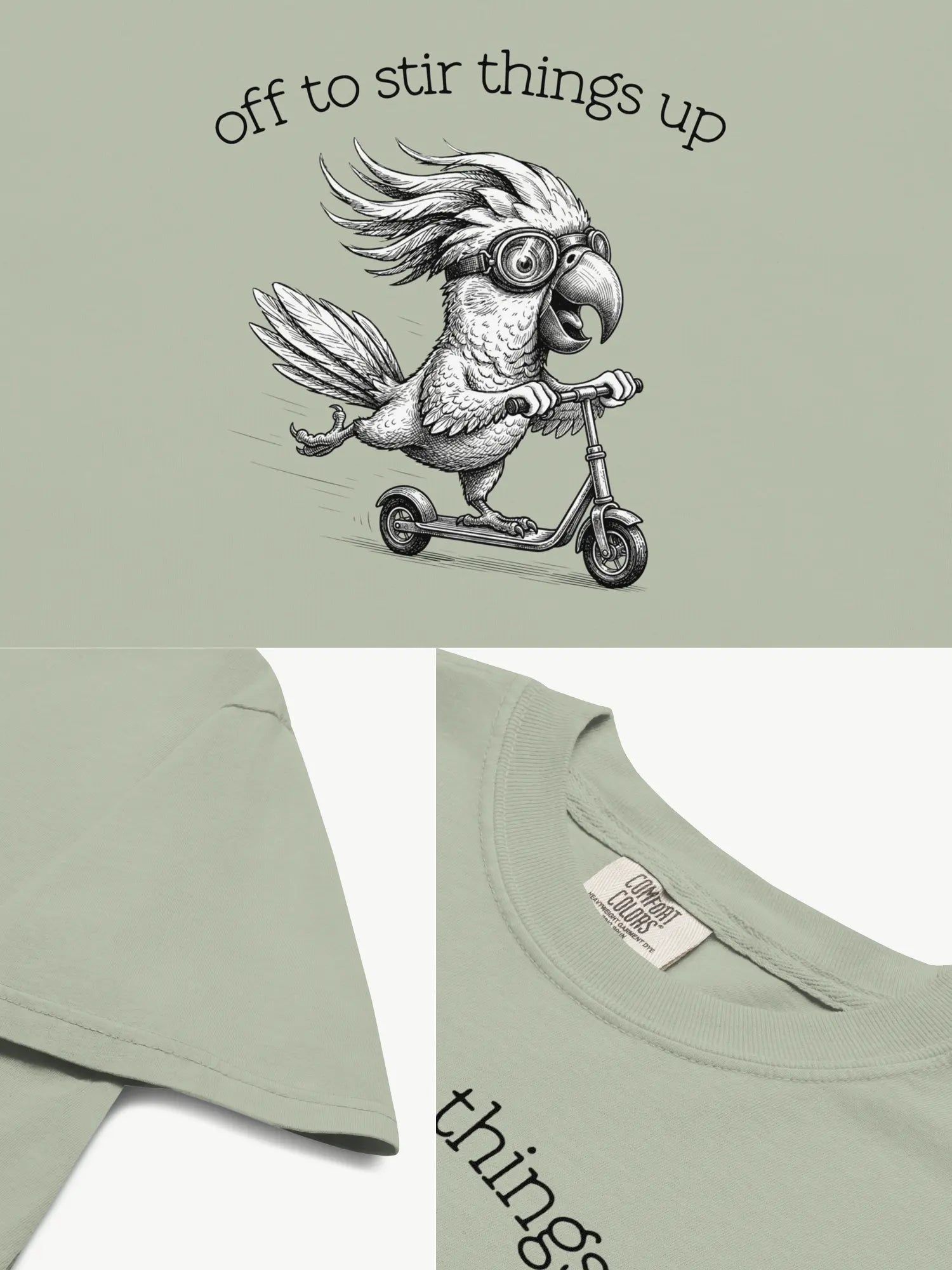 Close-up details of the Off to Stir Things Up cockatoo t-shirt in bay showing print texture, folded view, and collar