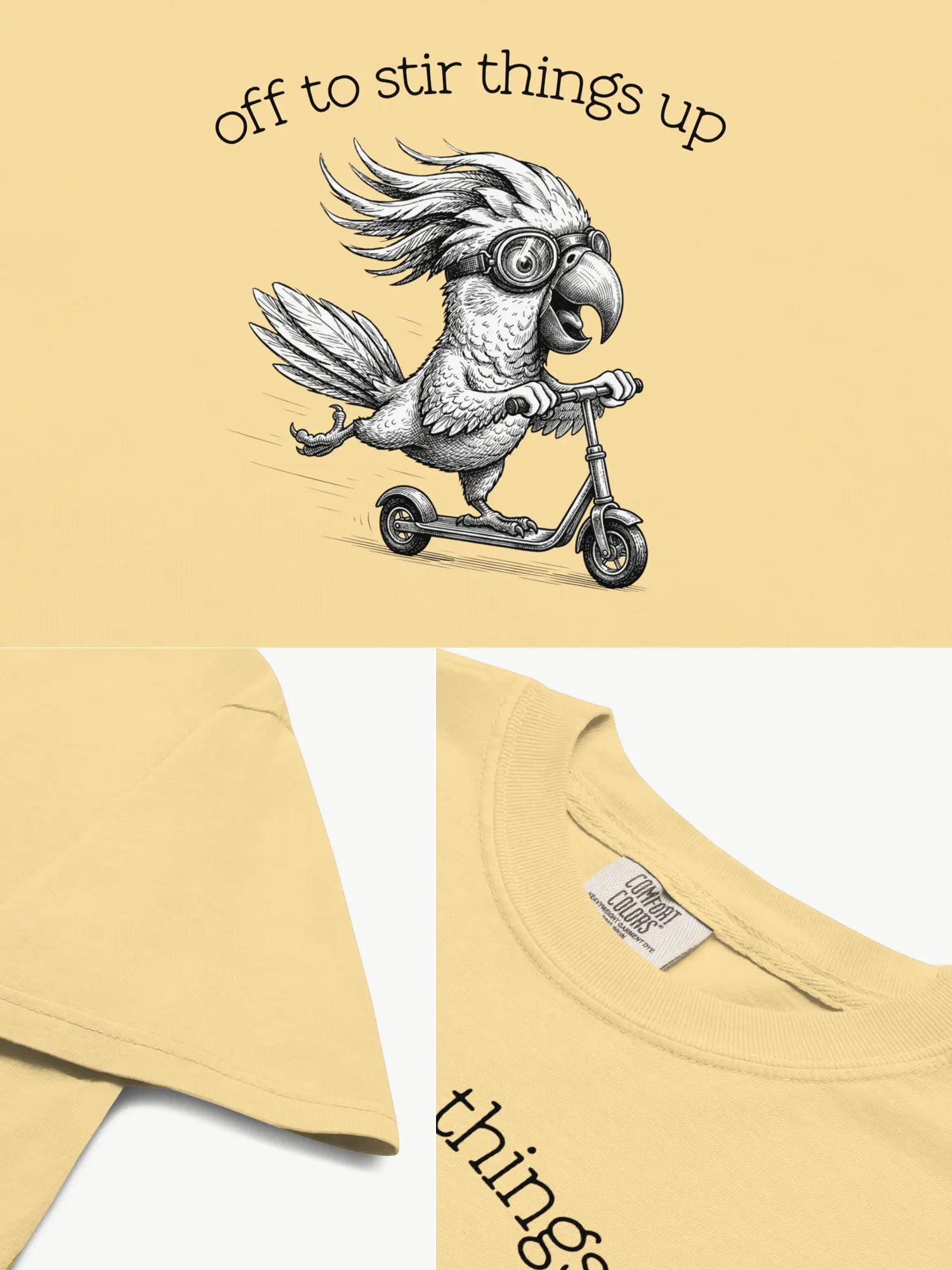 Close-up details of the Off to Stir Things Up cockatoo t-shirt in butter showing print texture, folded view, and collar