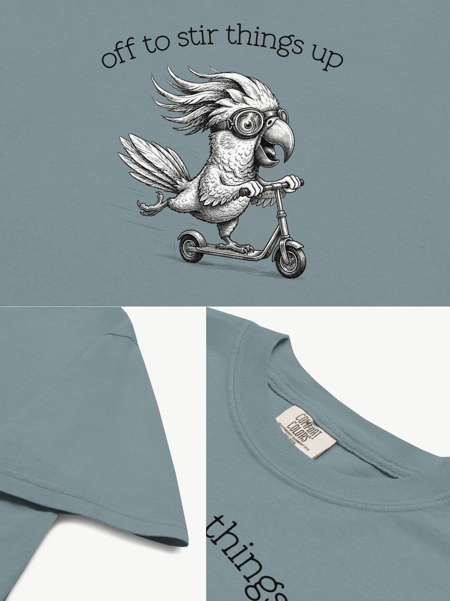 Close-up details of the Off to Stir Things Up cockatoo t-shirt in ice blue showing print texture, folded view, and collar