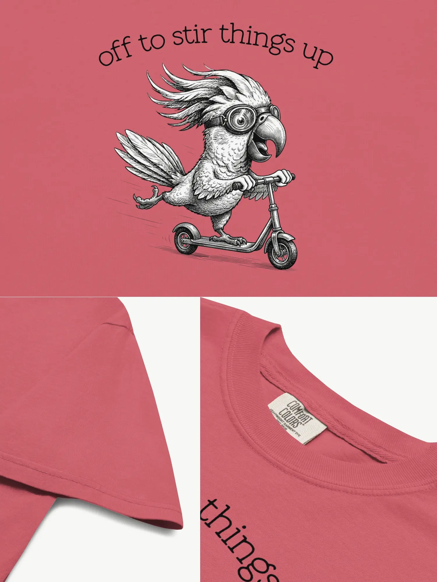 Close-up details of the Off to Stir Things Up cockatoo t-shirt in watermelon showing print texture, folded view, and collar