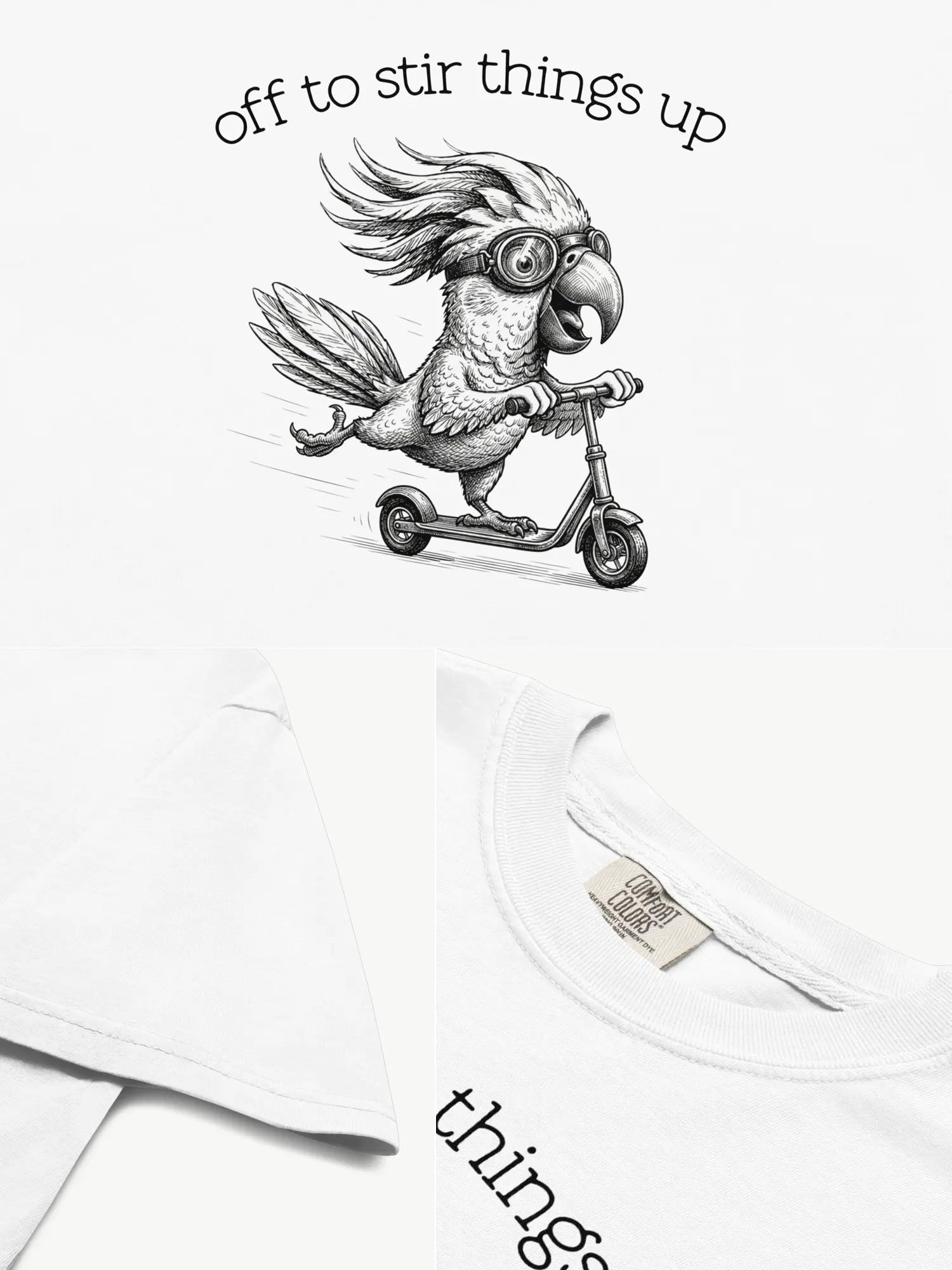 Close-up details of the Off to Stir Things Up cockatoo t-shirt in white showing print texture, folded view, and collar