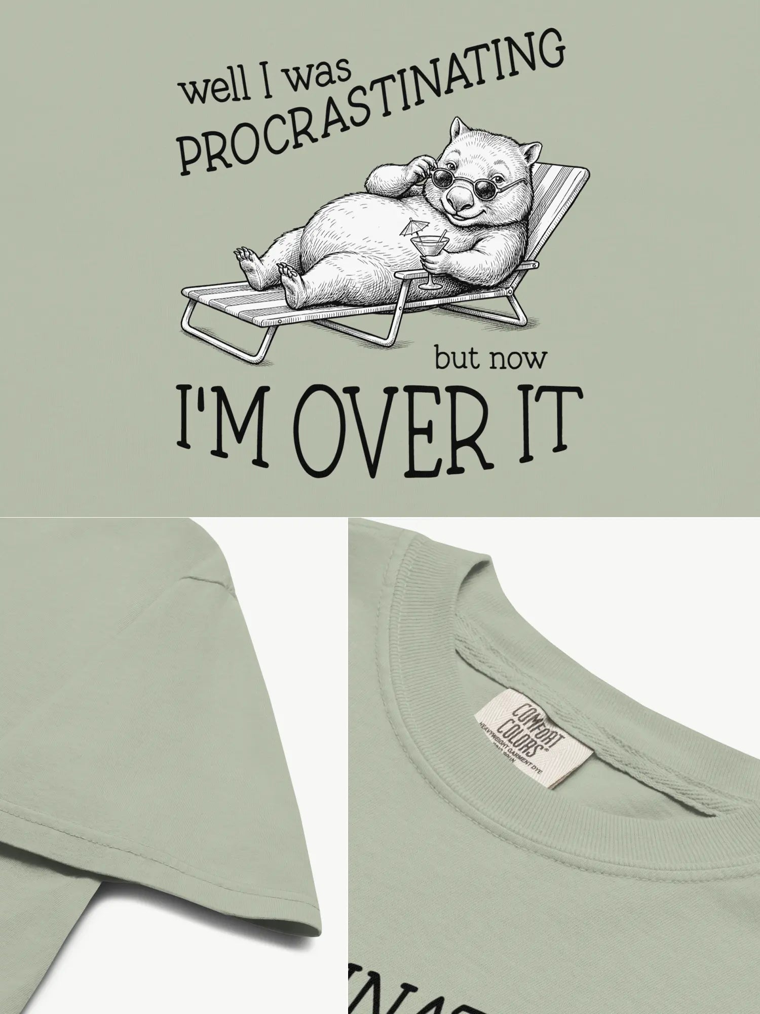 Close-up details of the Faffle & Co Wombat Procrastinator Tee in bay