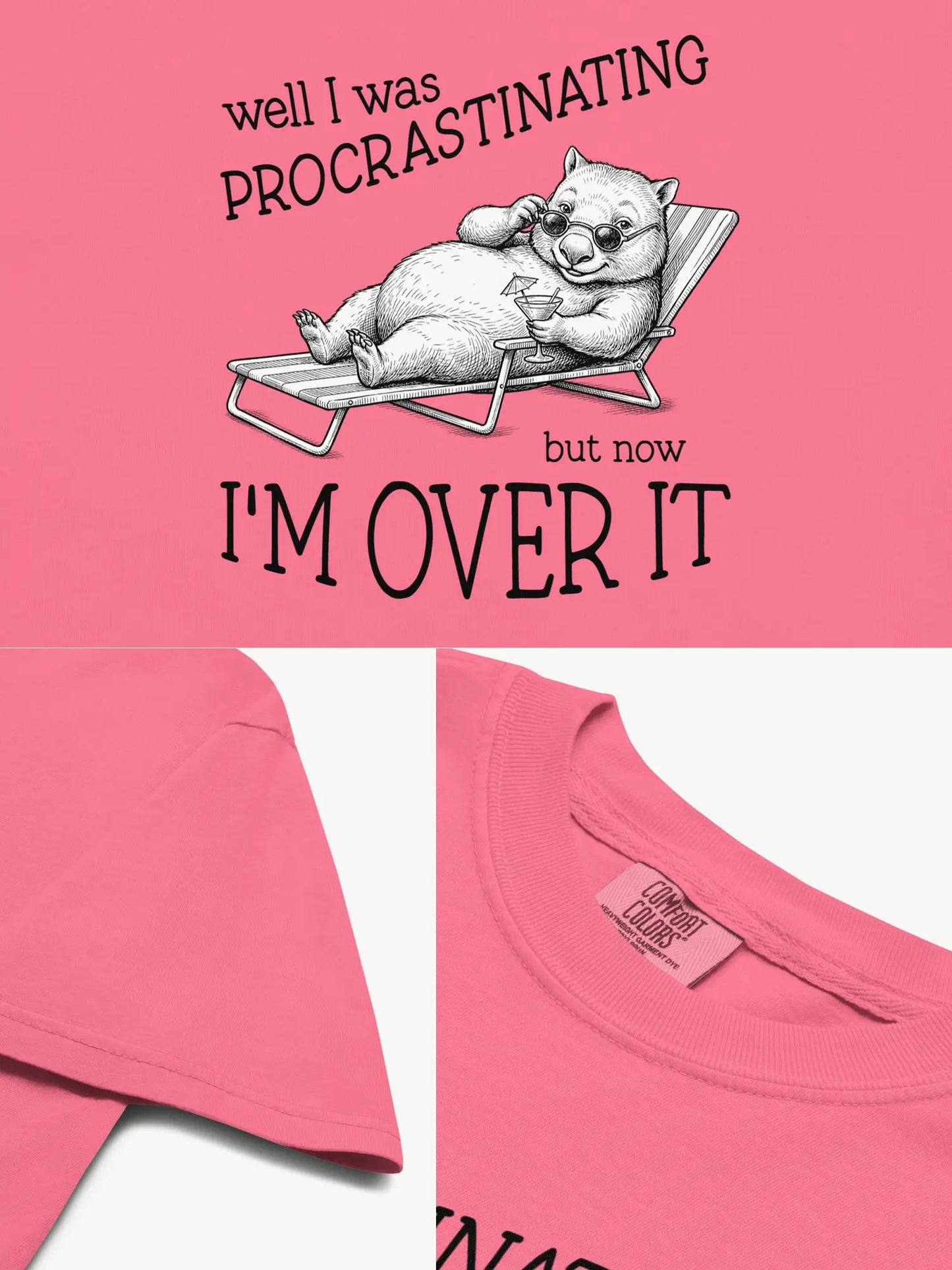Close-up details of the Faffle & Co Wombat Procrastinator Tee in crunchberry