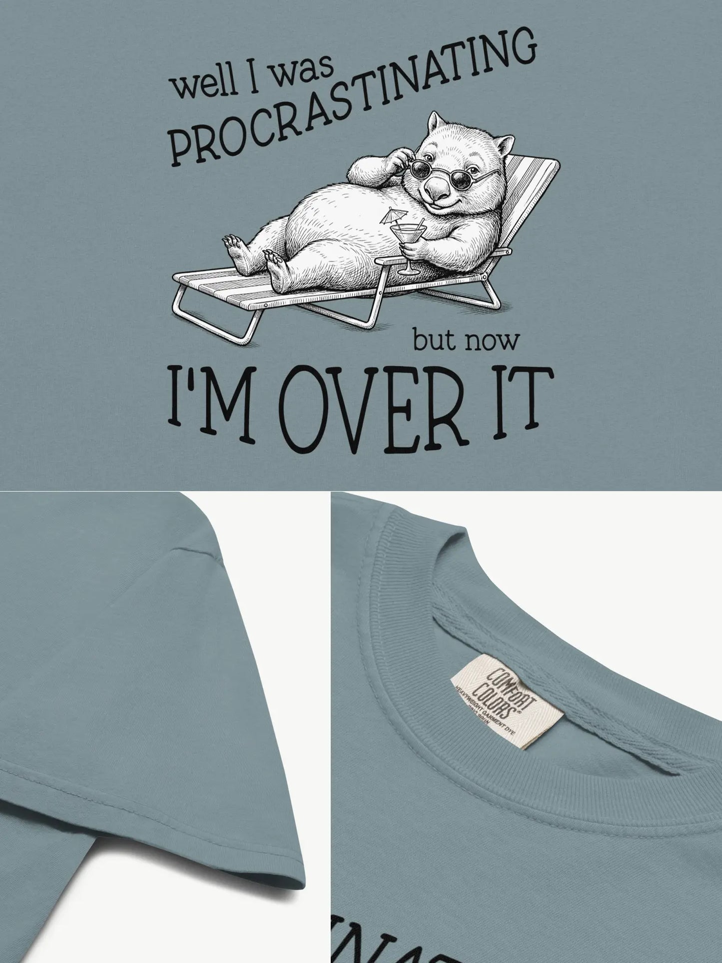 Close-up details of the Faffle & Co Wombat Procrastinator Tee in ice blue