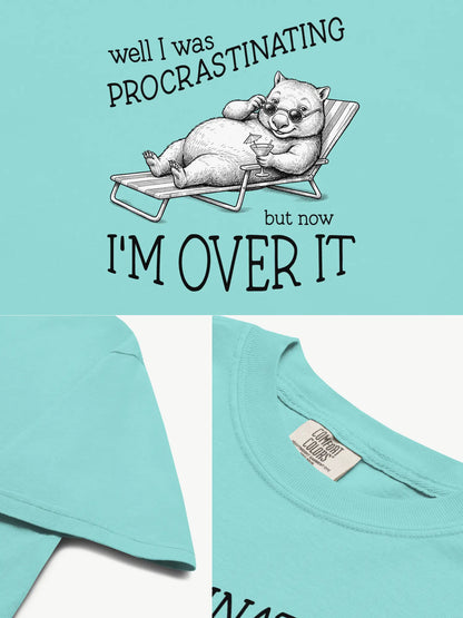 Close-up details of the Faffle & Co Wombat Procrastinator Tee in lagoon blue