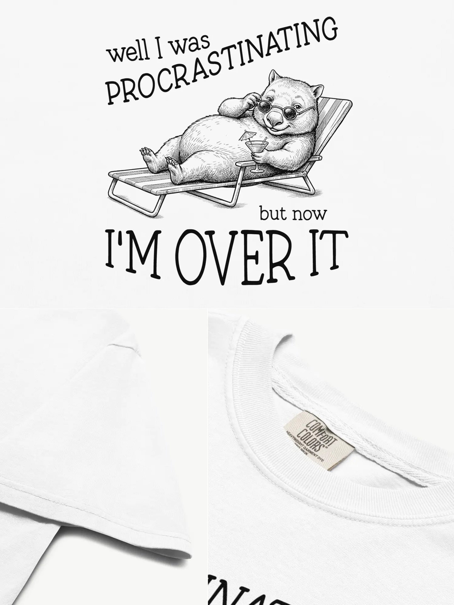 Close-up details of the Faffle & Co Wombat Procrastinator Tee in white