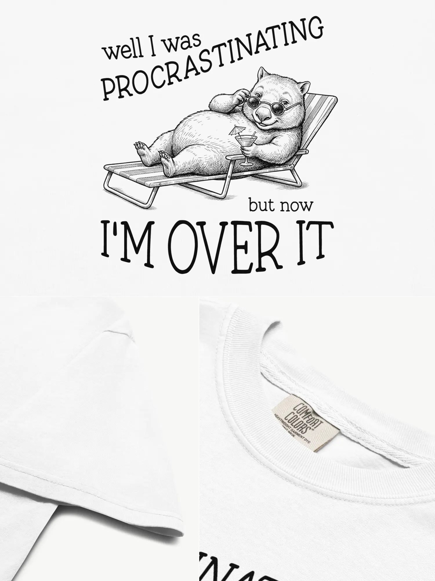Close-up details of the Faffle & Co Wombat Procrastinator Tee in white