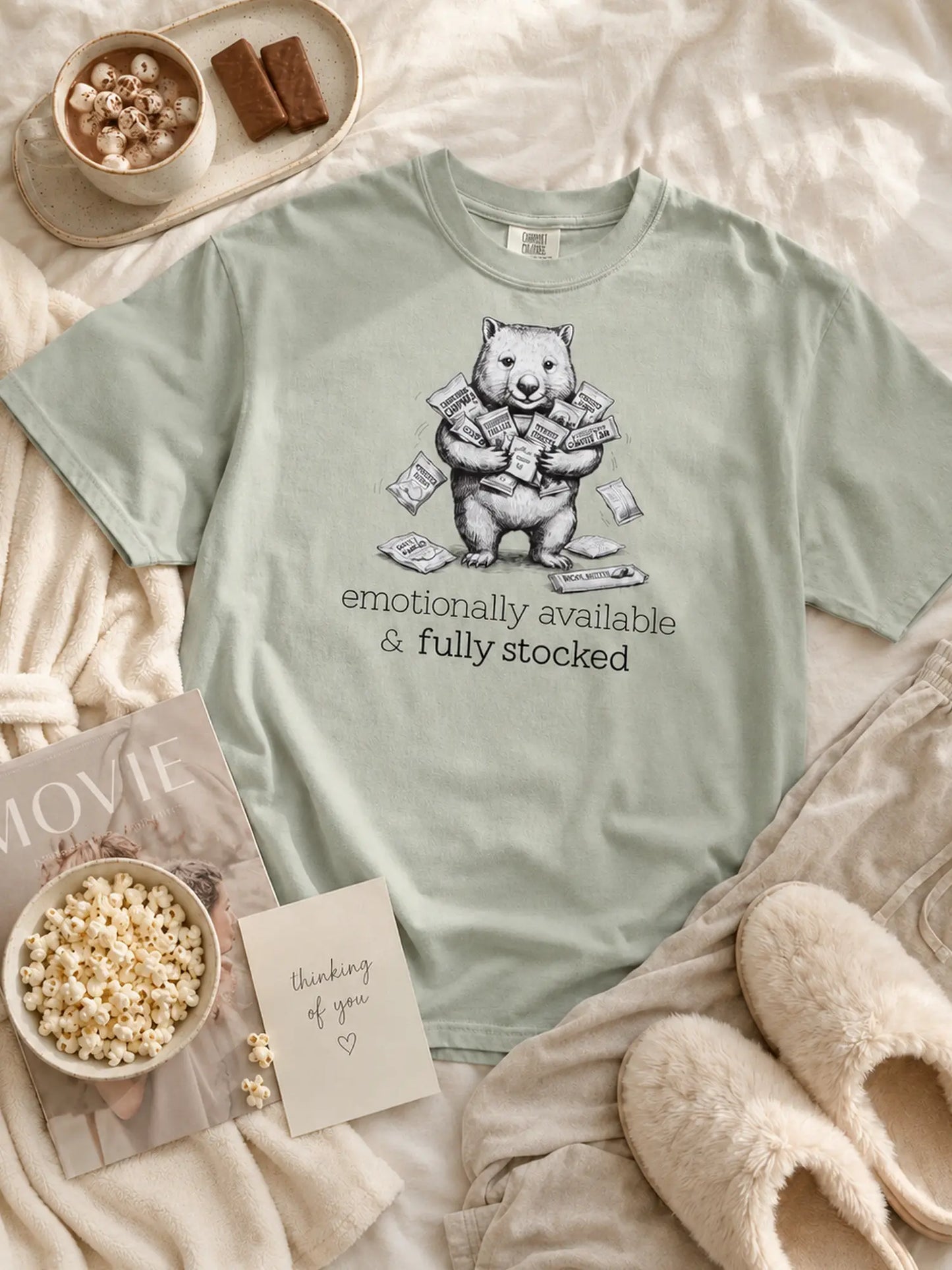 Snack Support Wombat t-shirt in bay styled flat lay